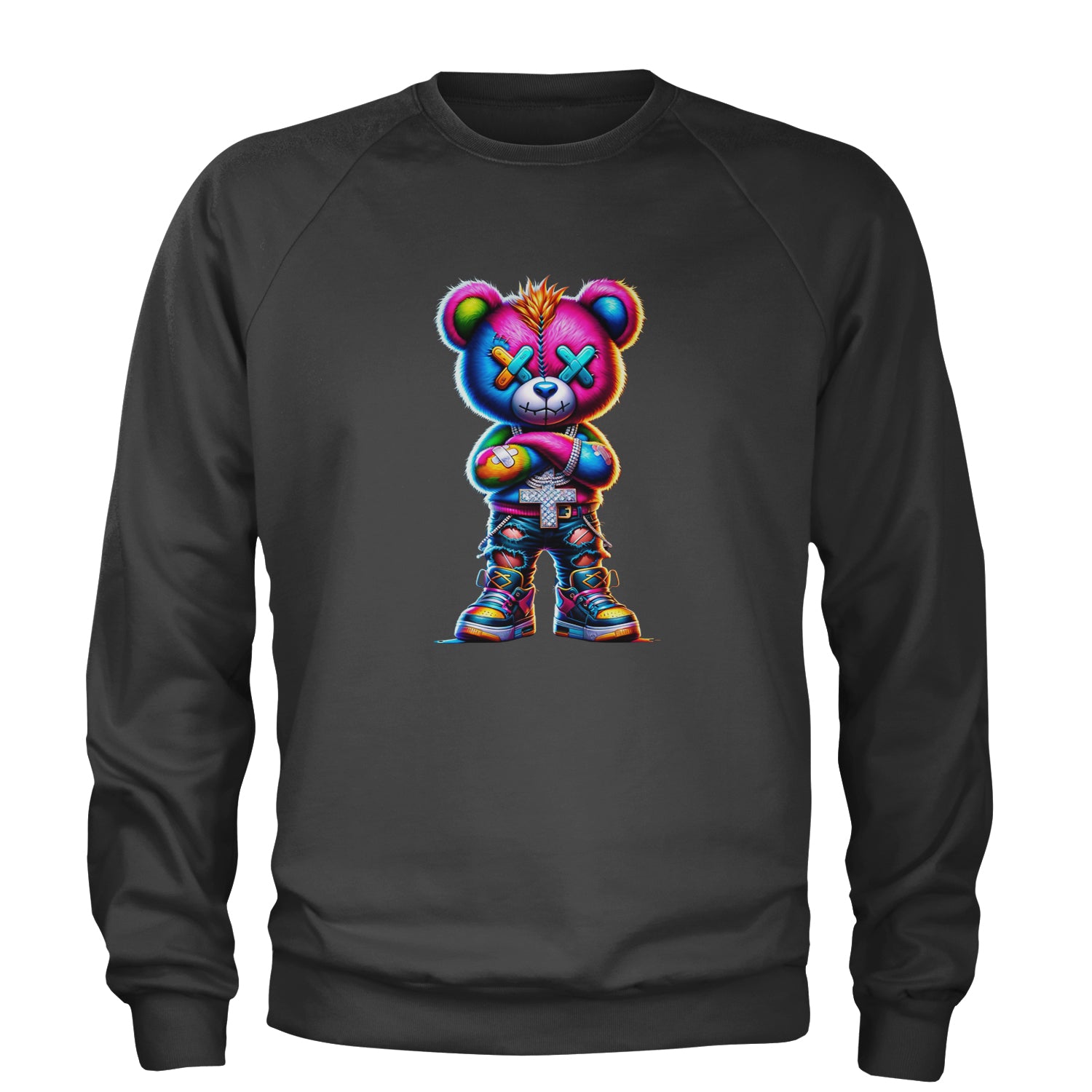 Stitched Neon Urban Graffiti Bear Adult Crewneck Sweatshirt Black