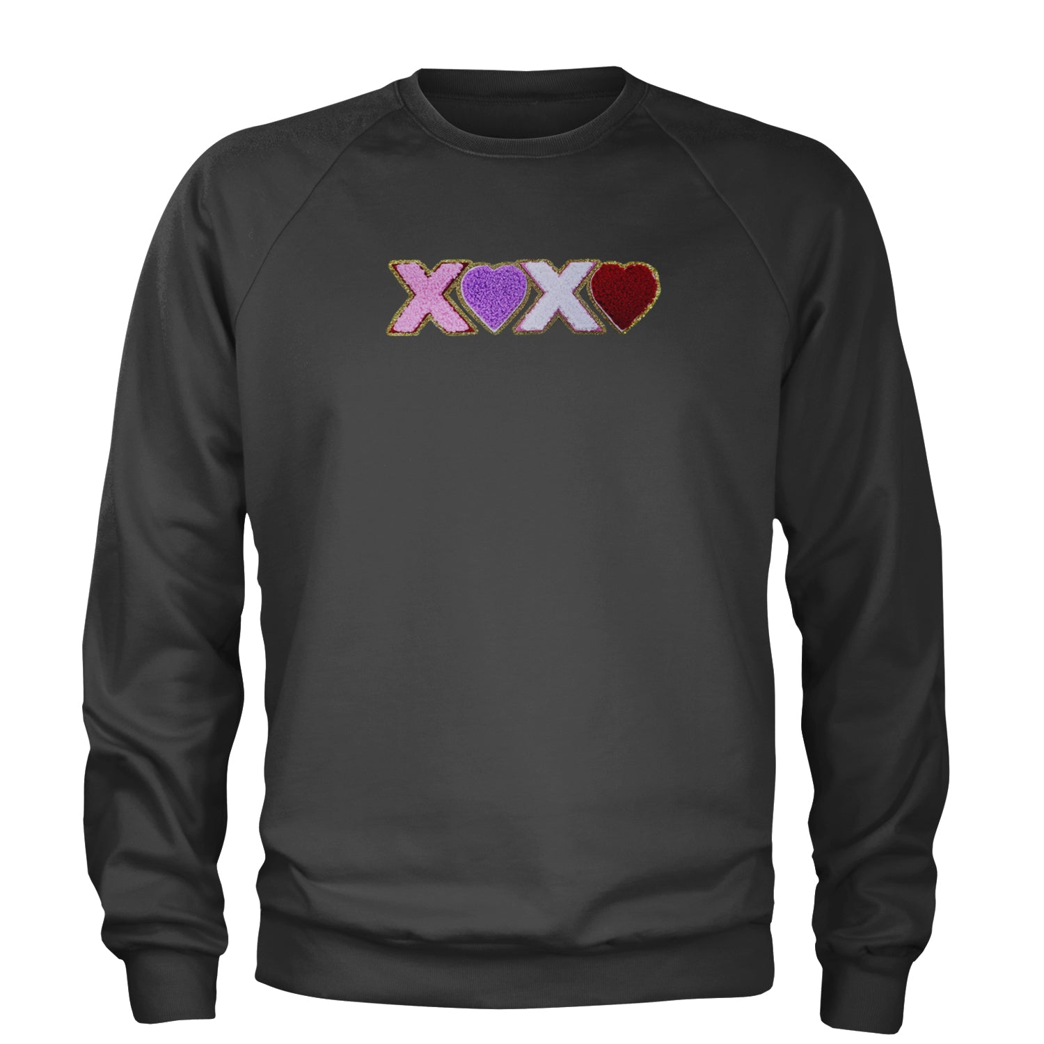 XOXO Chenille Patch Valentines Days Adult Crewneck Sweatshirt Charcoal Grey