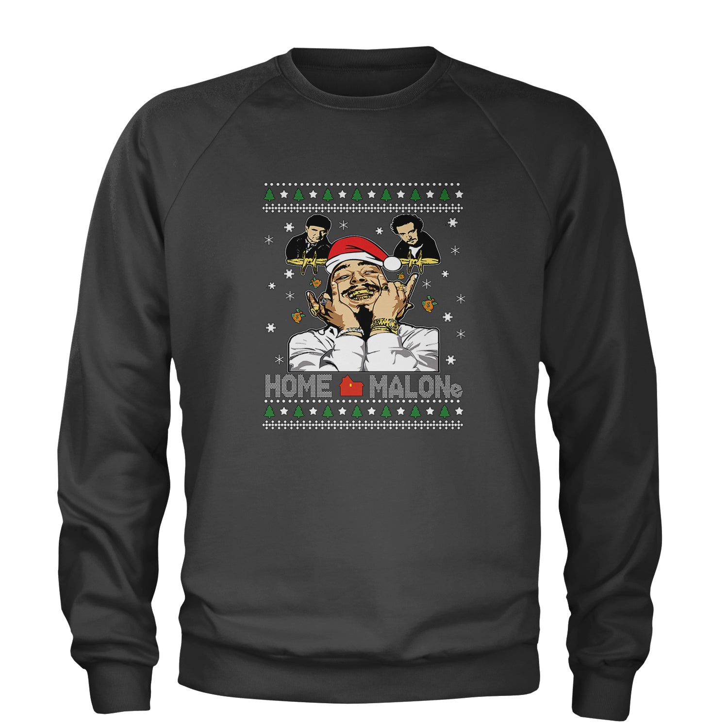 Home Malone Ugly Christmas Adult Crewneck Sweatshirt Charcoal Grey