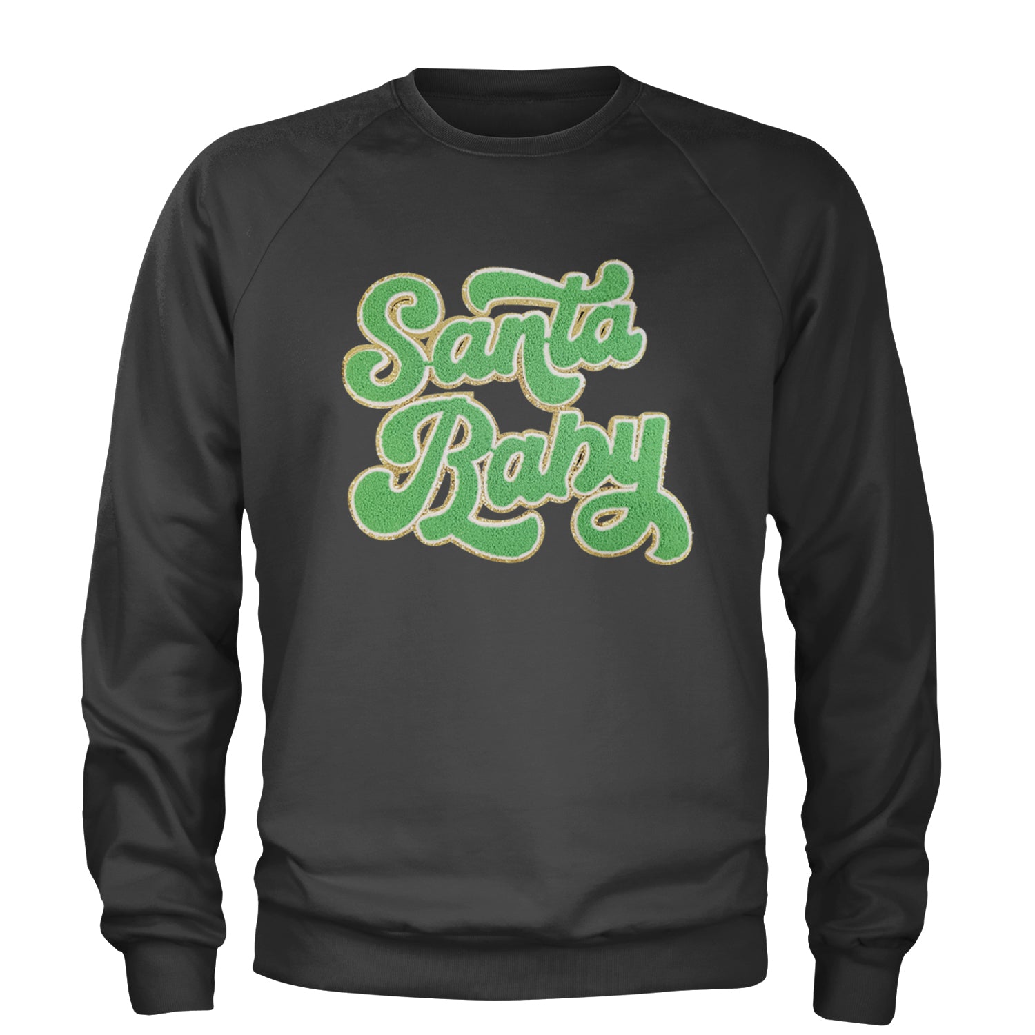 Green Santa Baby Chenille Patch Adult Crewneck Sweatshirt Black