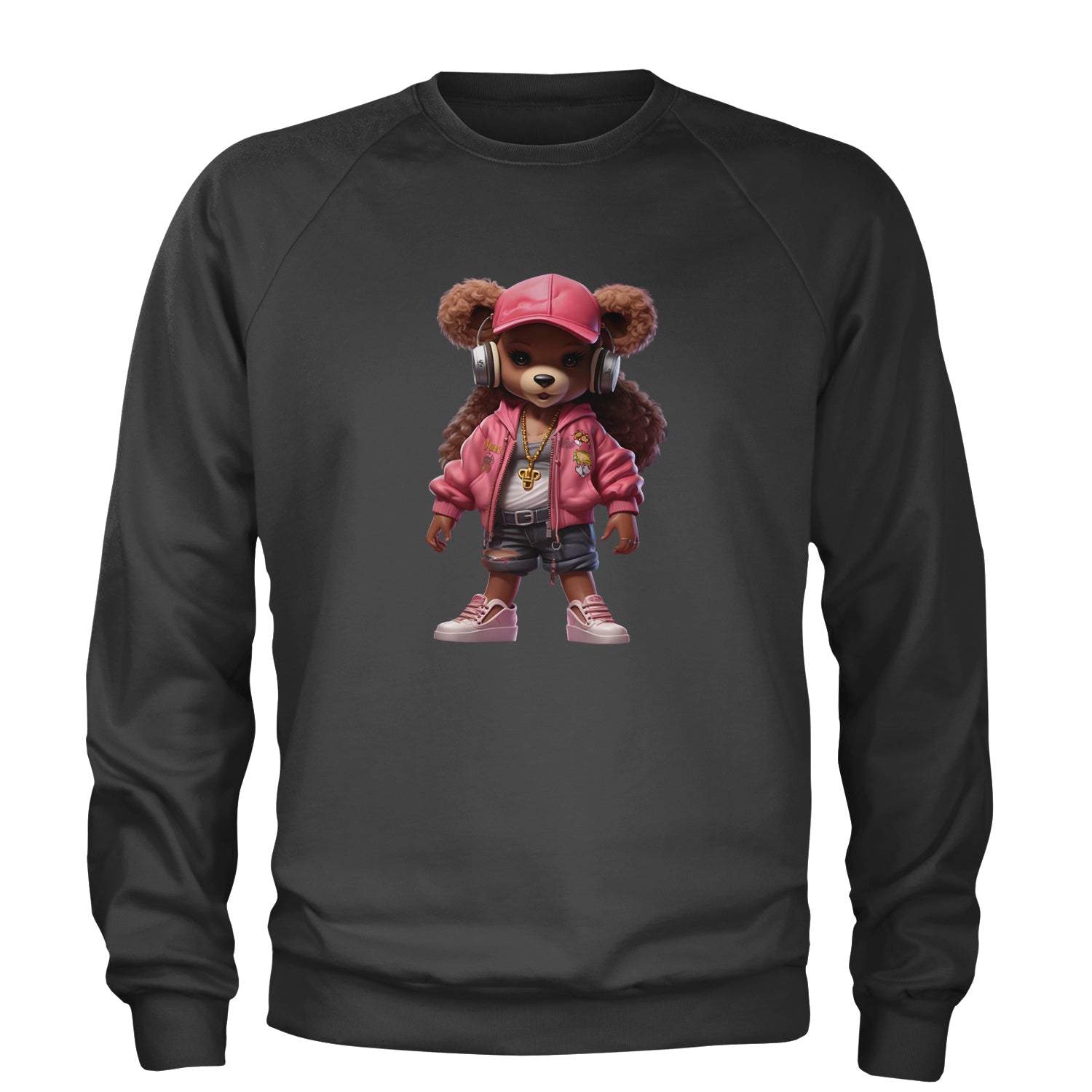 Pink Female Urban Graffiti Bear Adult Crewneck Sweatshirt Black