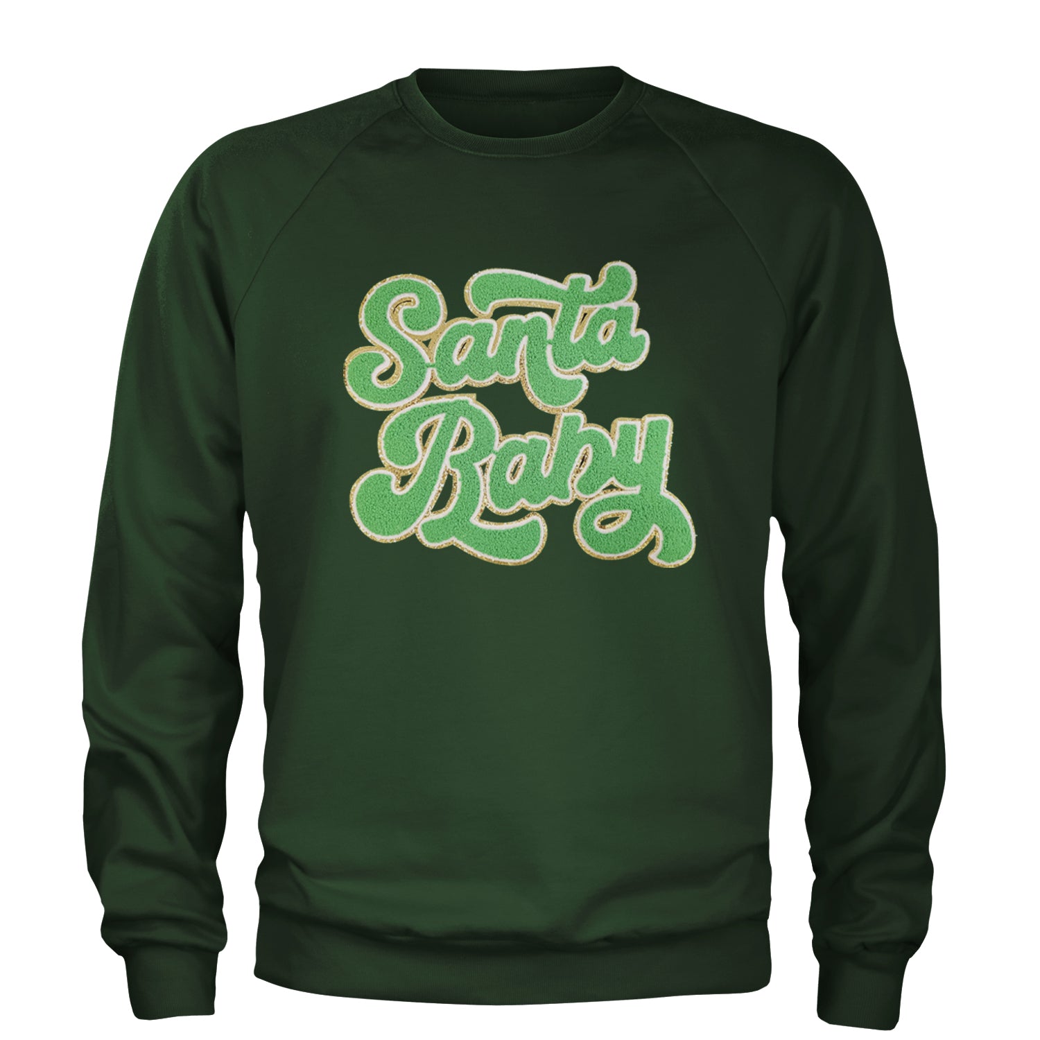 Green Santa Baby Chenille Patch Adult Crewneck Sweatshirt Forest Green