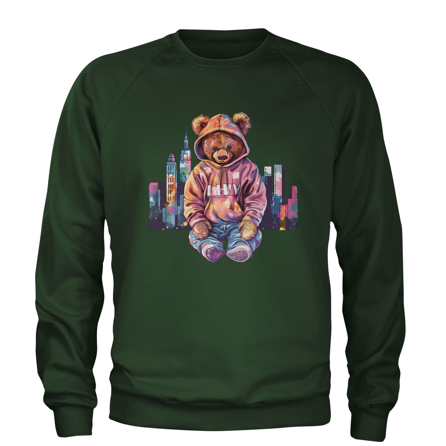 City Skyline Urban Graffiti Bear Adult Crewneck Sweatshirt Forest Green