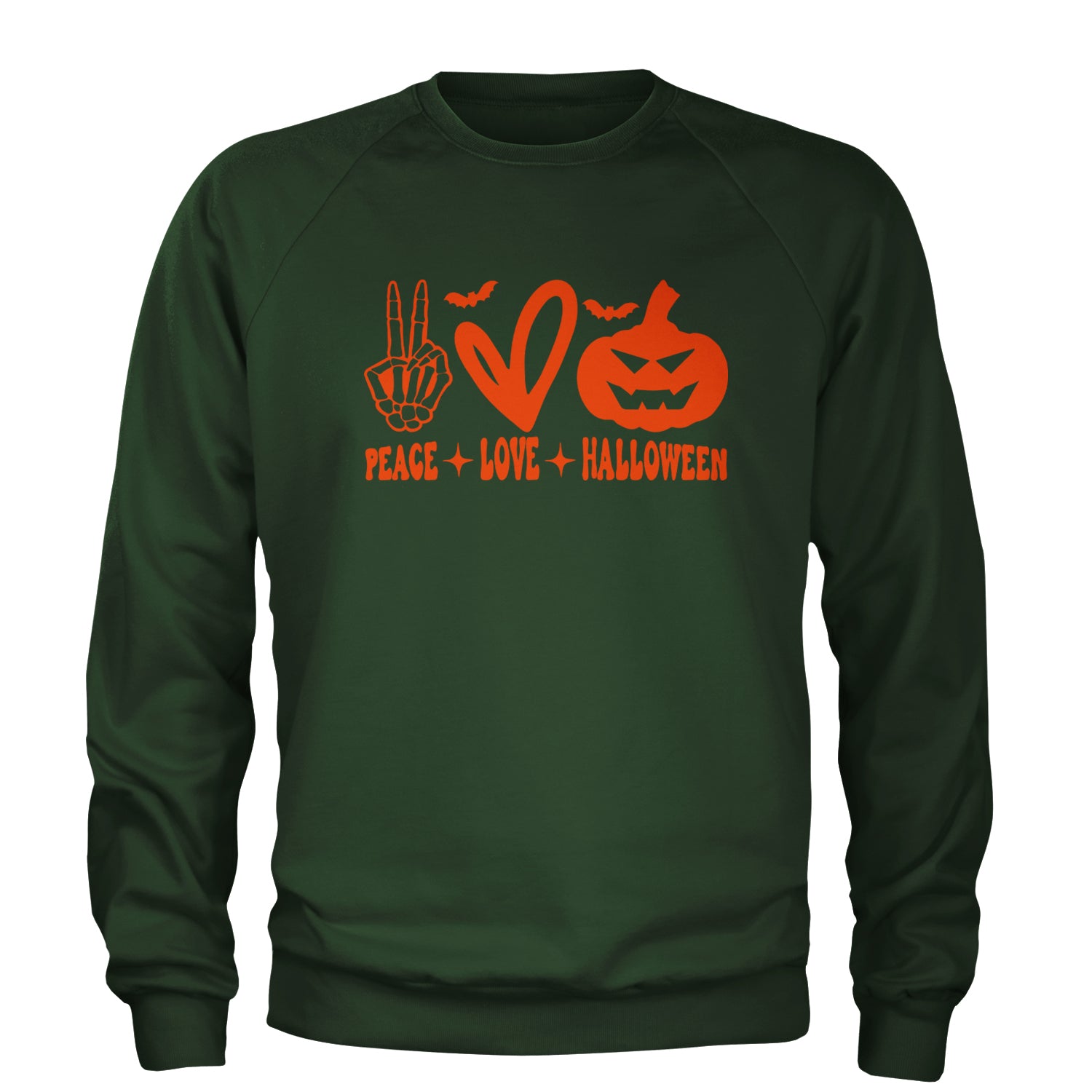 Peace, Love and Halloween Adult Crewneck Sweatshirt Forest Green