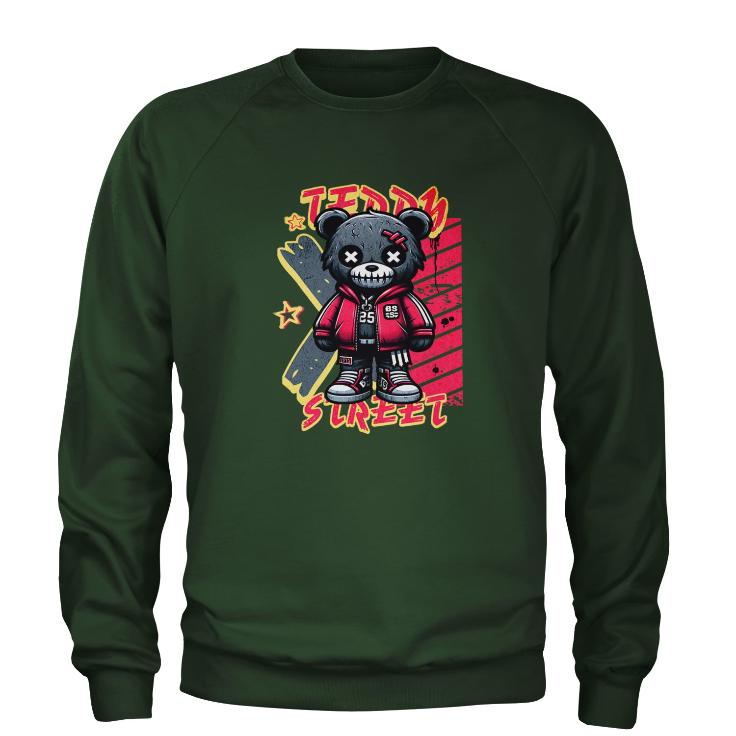 Teddy Attitude Urban Graffiti Bear Adult Crewneck Sweatshirt Forest Green