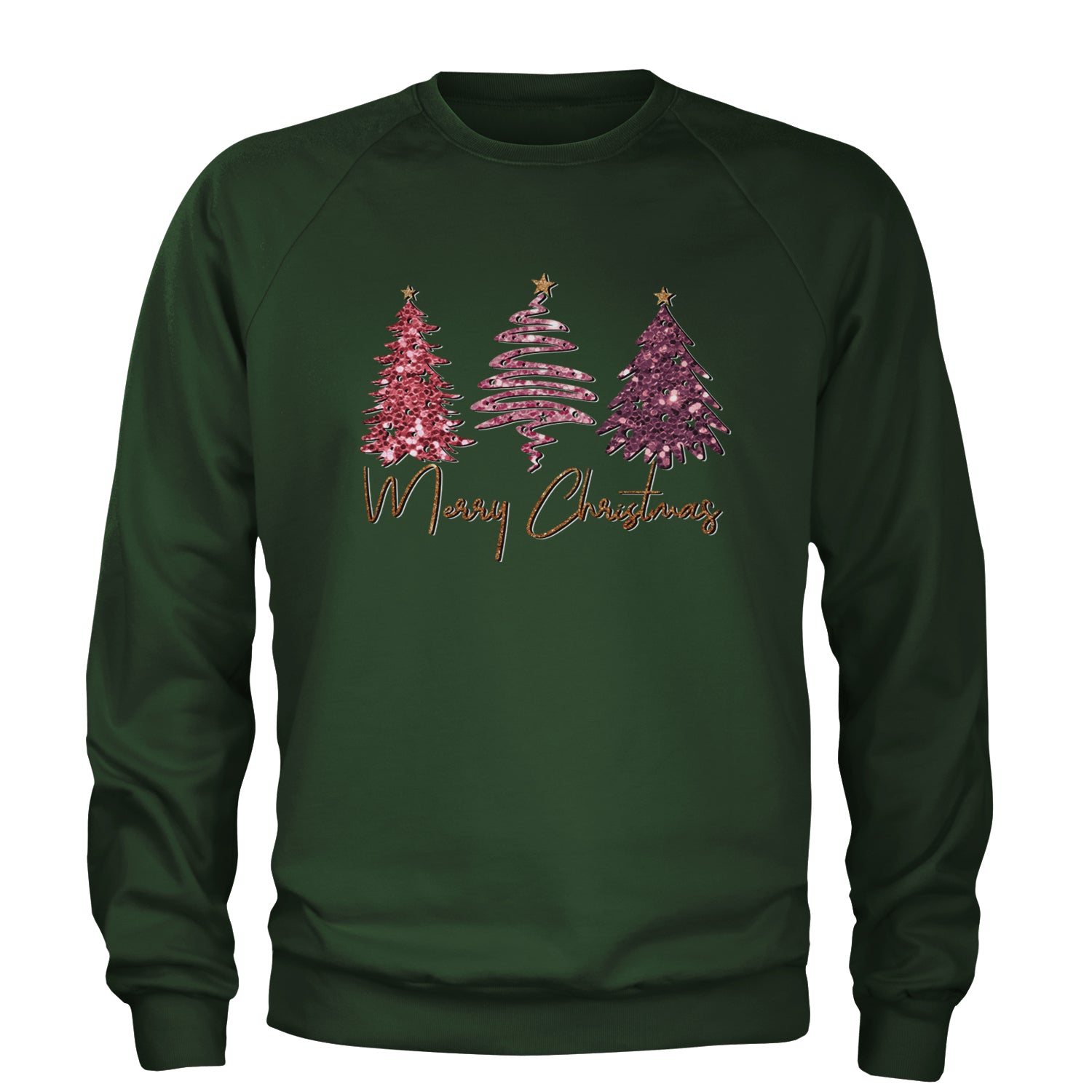 Merry Christmas Faux Glitter Trees Adult Crewneck Sweatshirt Forest Green