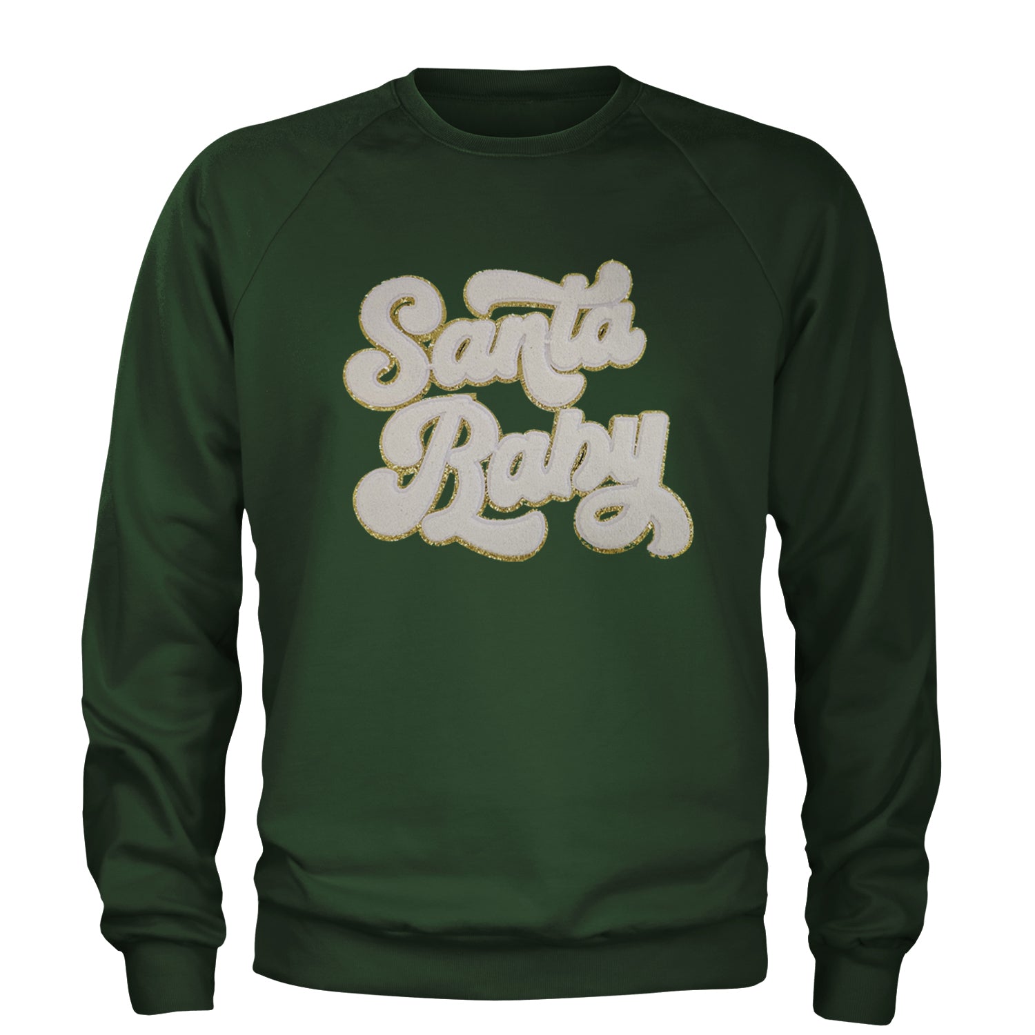 White Santa Baby Chenille Patch Adult Crewneck Sweatshirt Forest Green