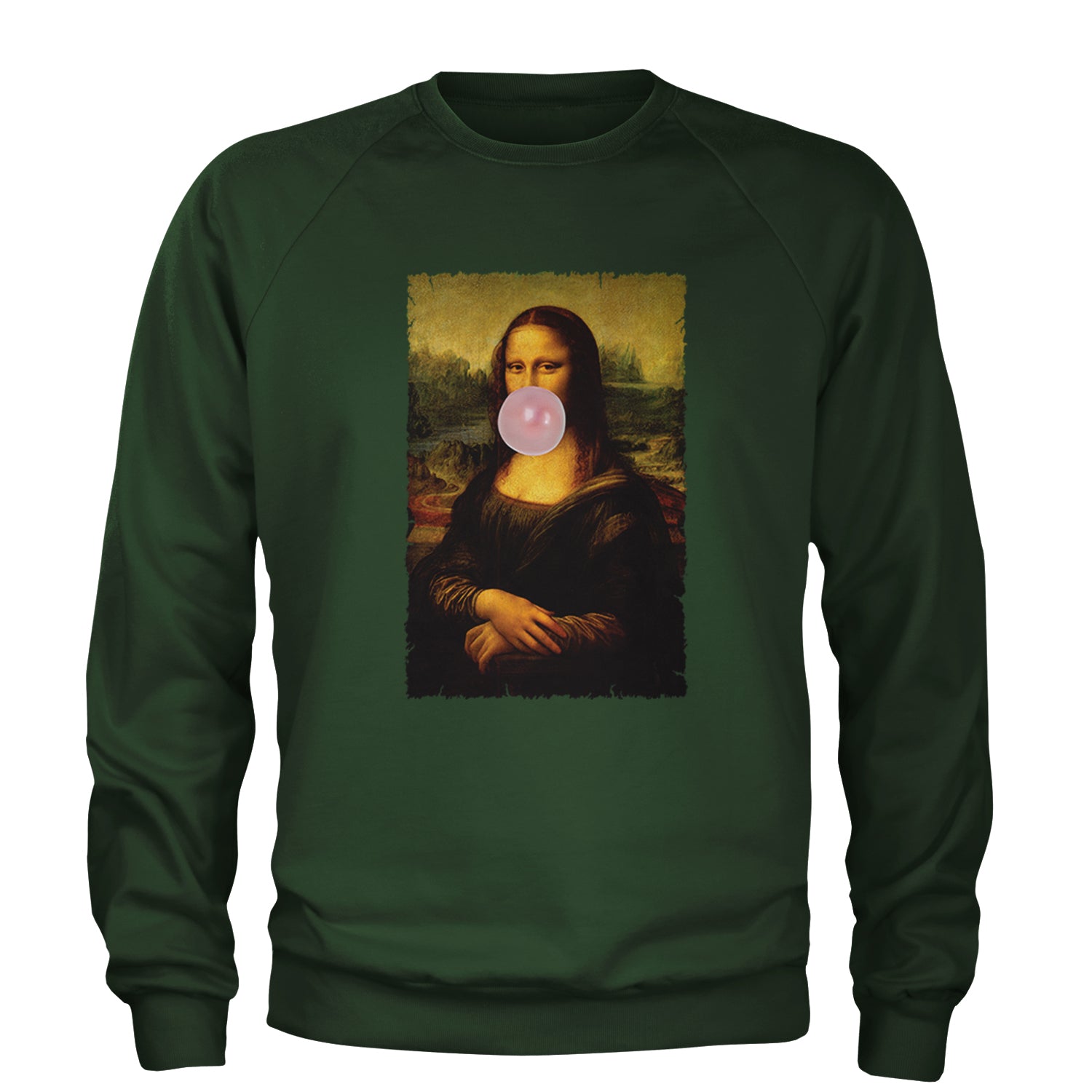 Mona Lisa Smile Pink Bubble Gum Da Vinci Icon Adult Crewneck Sweatshirt Forest Green