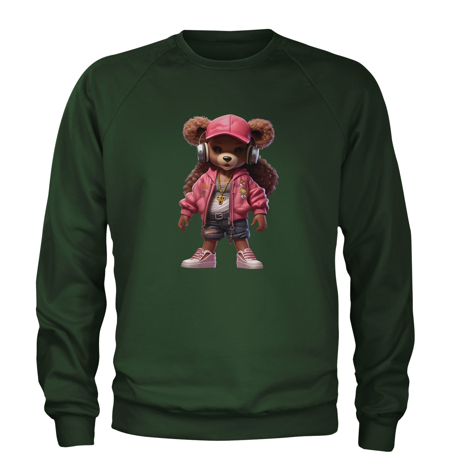 Pink Female Urban Graffiti Bear Adult Crewneck Sweatshirt Forest Green