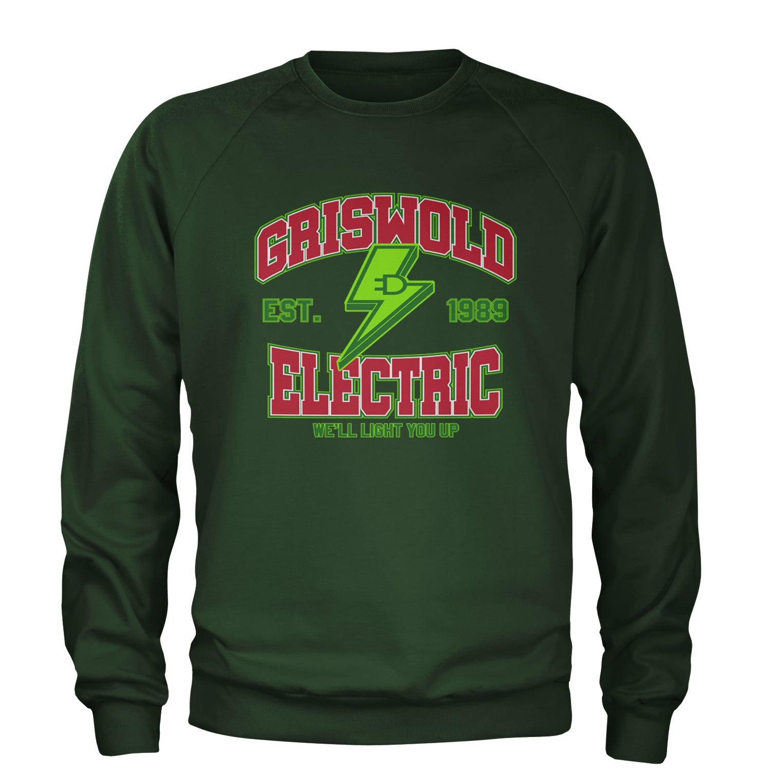 Griswold Electric We'll Light You Up Adult Crewneck Sweatshirt Forest Green