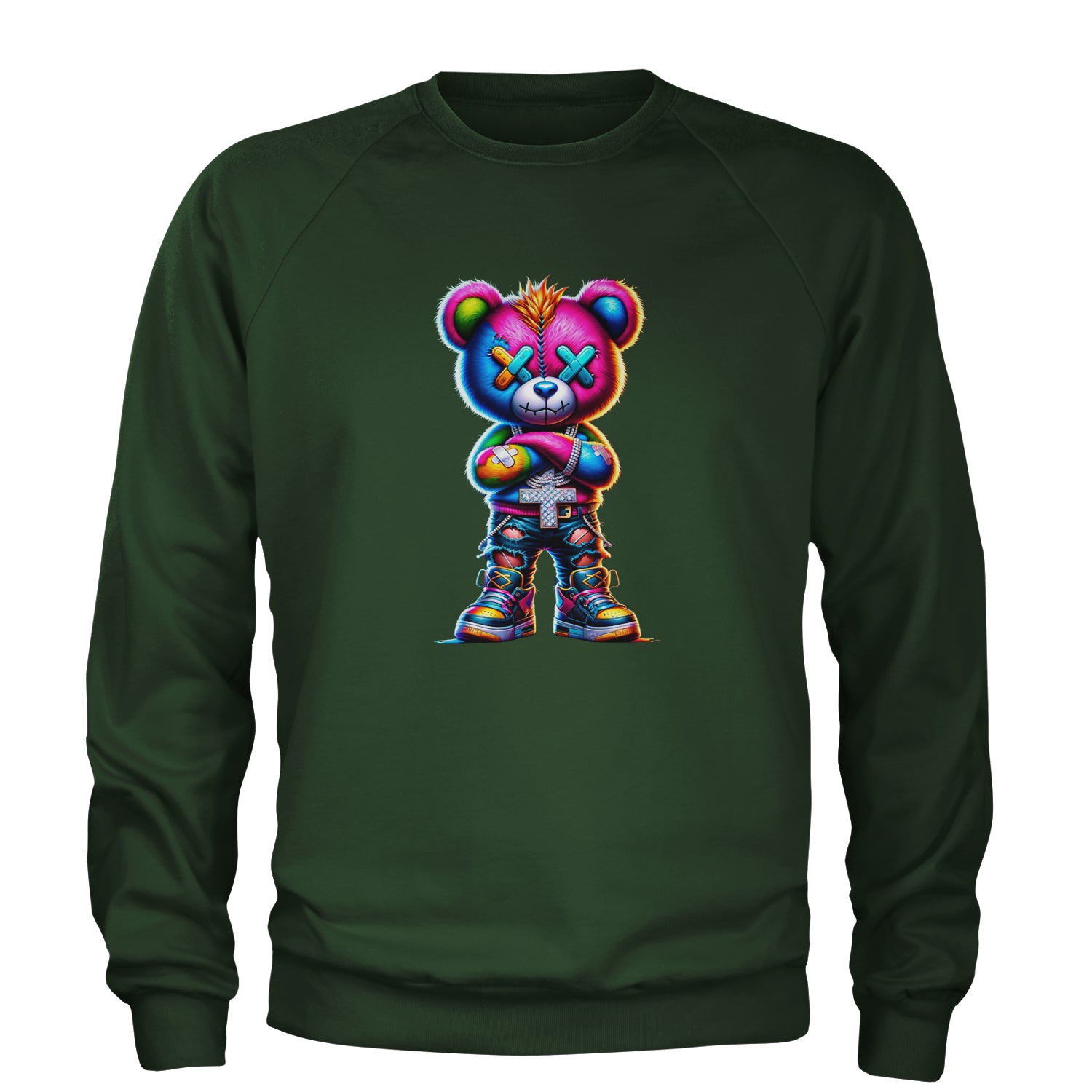 Stitched Neon Urban Graffiti Bear Adult Crewneck Sweatshirt Forest Green