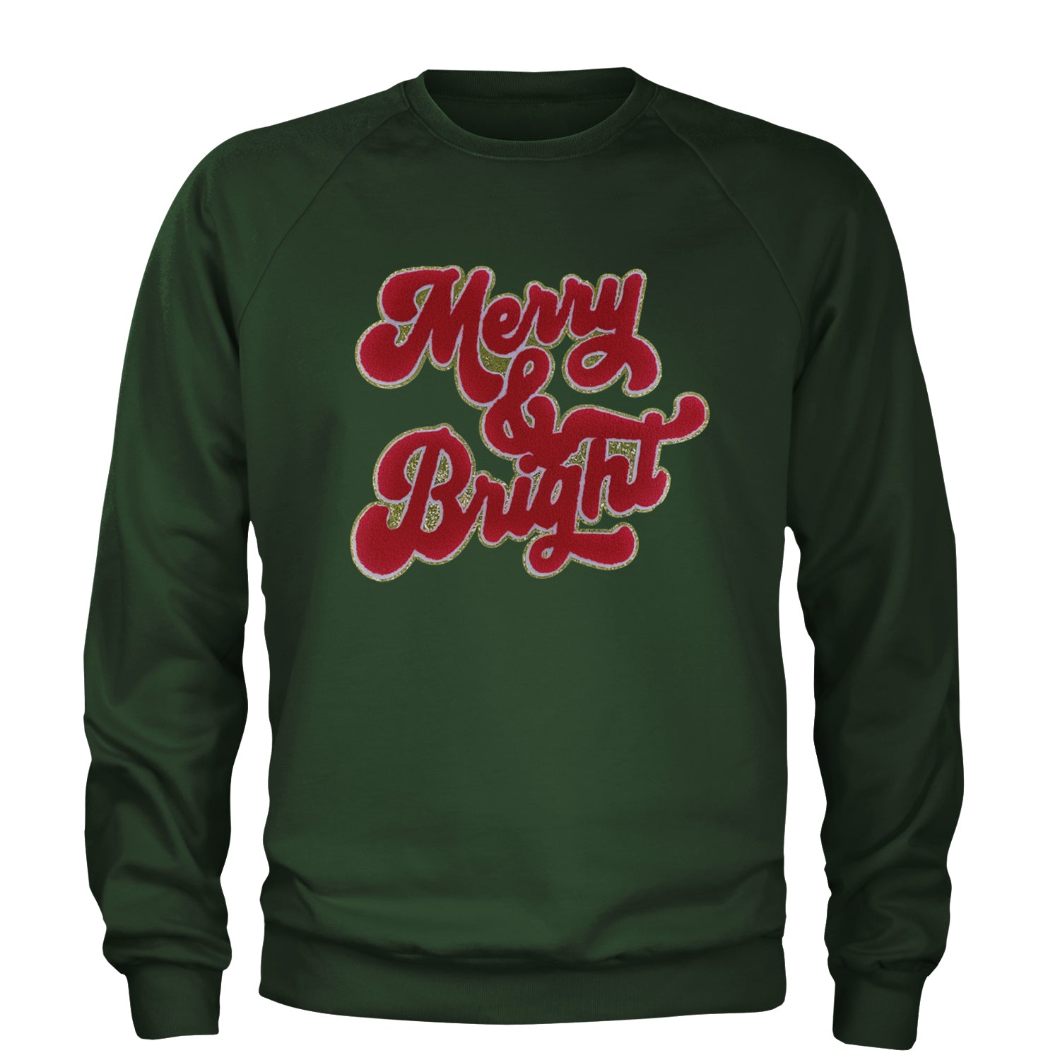 Merry & Bright Chenille Glitter Adult Crewneck Sweatshirt Forest Green