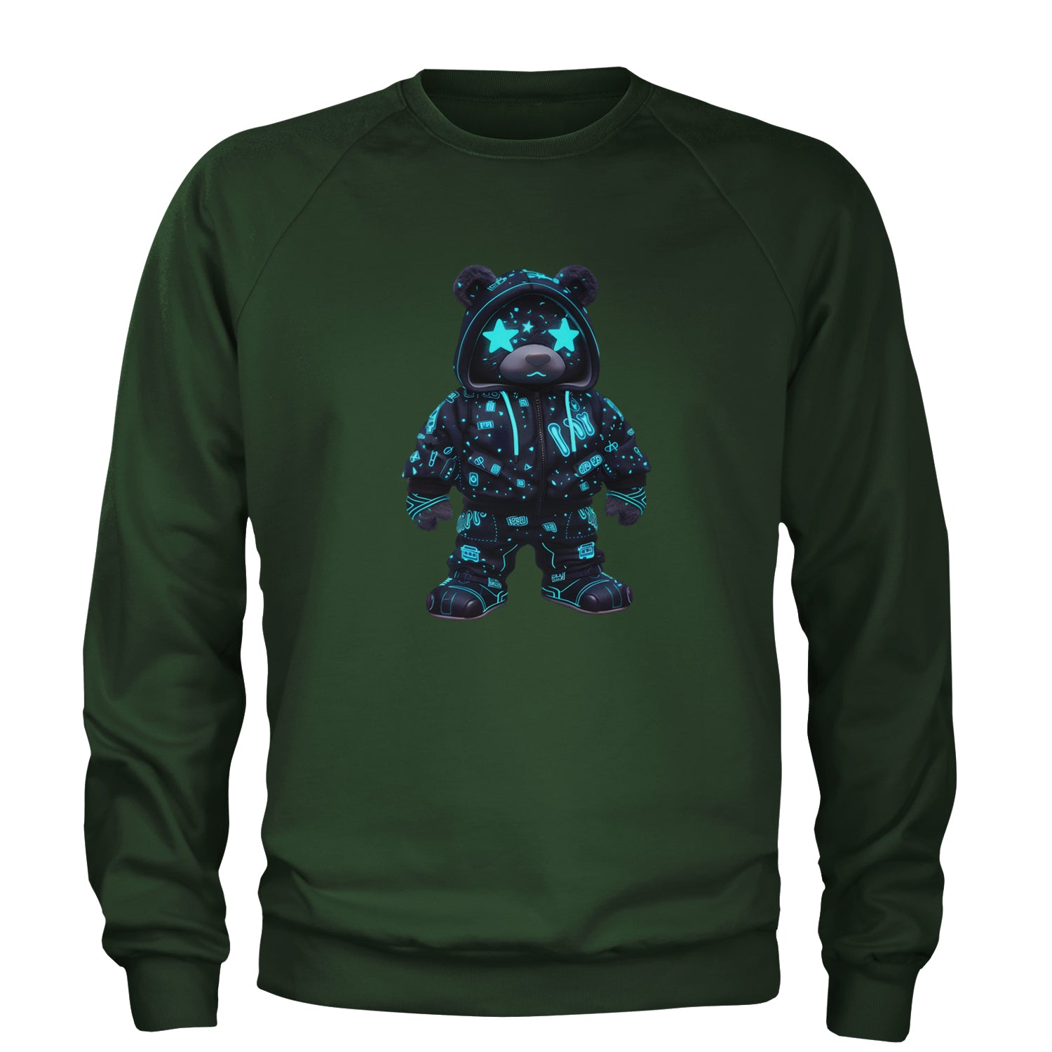 Starry Eyed Vaporwave Urban Graffiti Bear Adult Crewneck Sweatshirt Forest Green