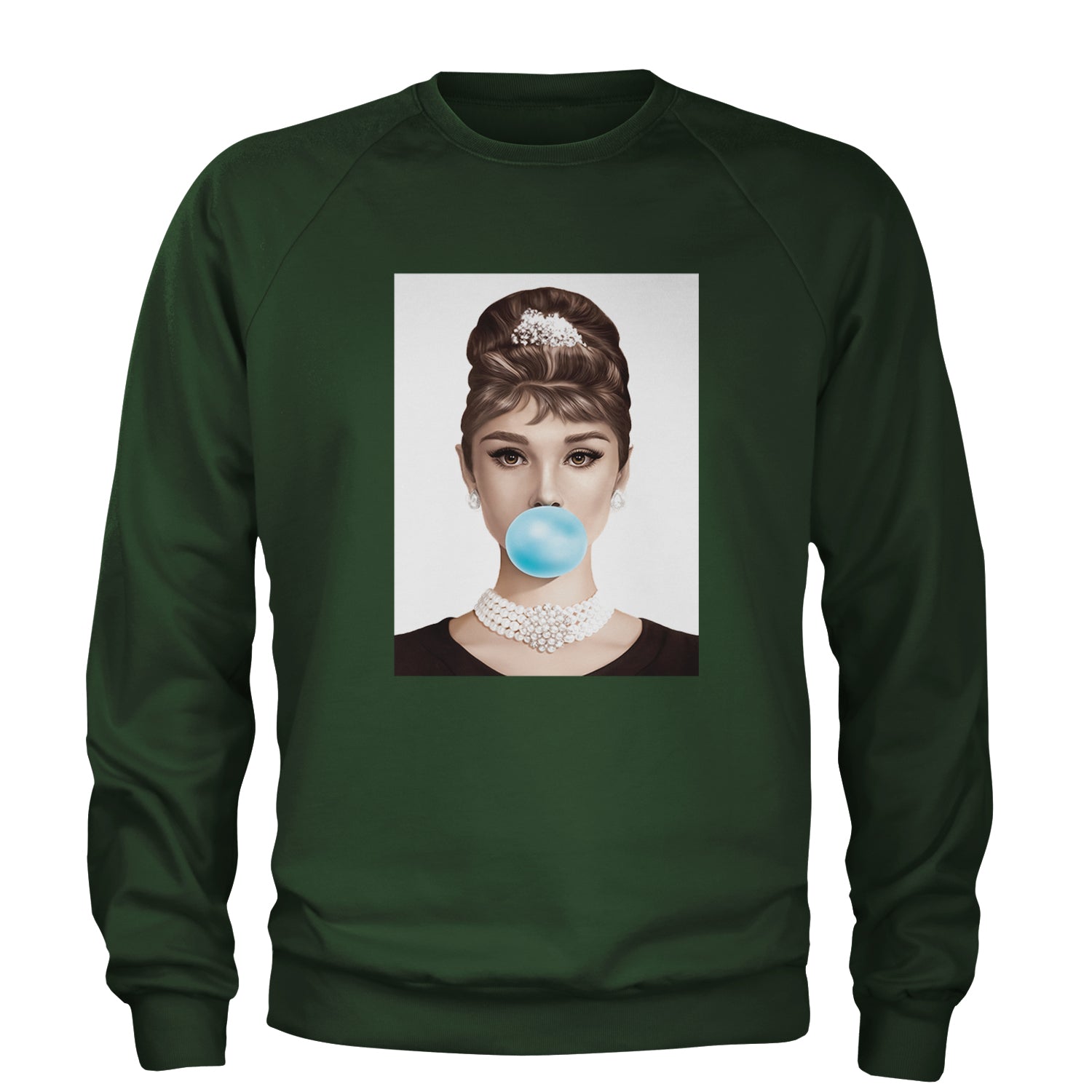 Audrey Hepburn Chewing Bubble Gum American Icon Adult Crewneck Sweatshirt Forest Green