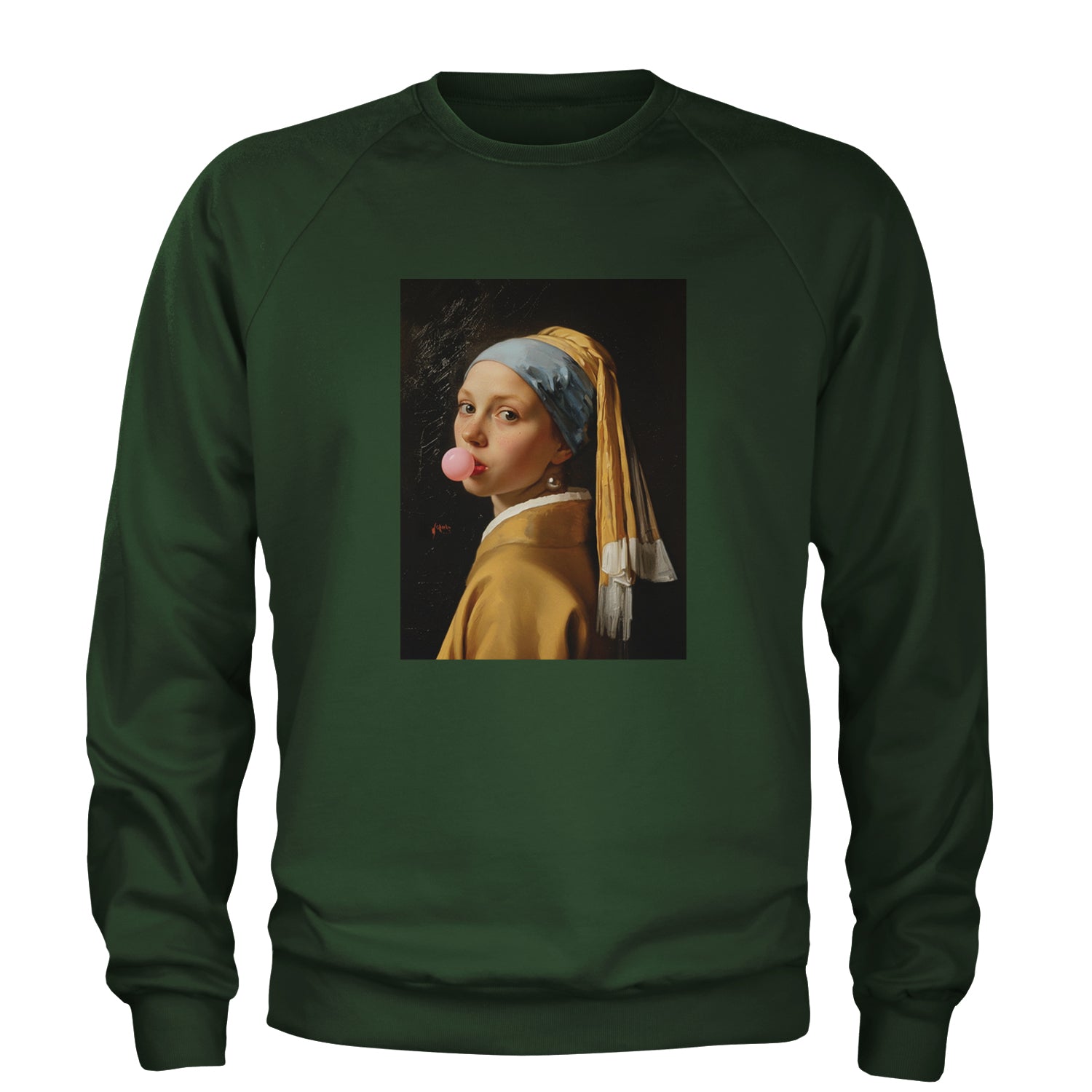 Girl with a Pearl Earring Bubble Gum Contemporary Art Adult Crewneck Sweatshirt Forest Green