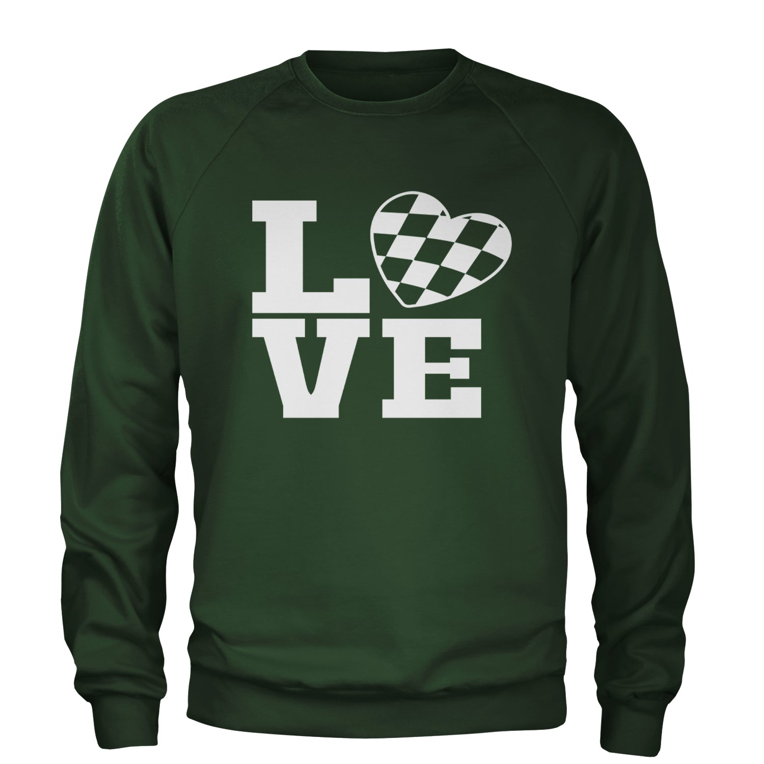 Love Racing Checkered Flag Heart Adult Crewneck Sweatshirt Forest Green