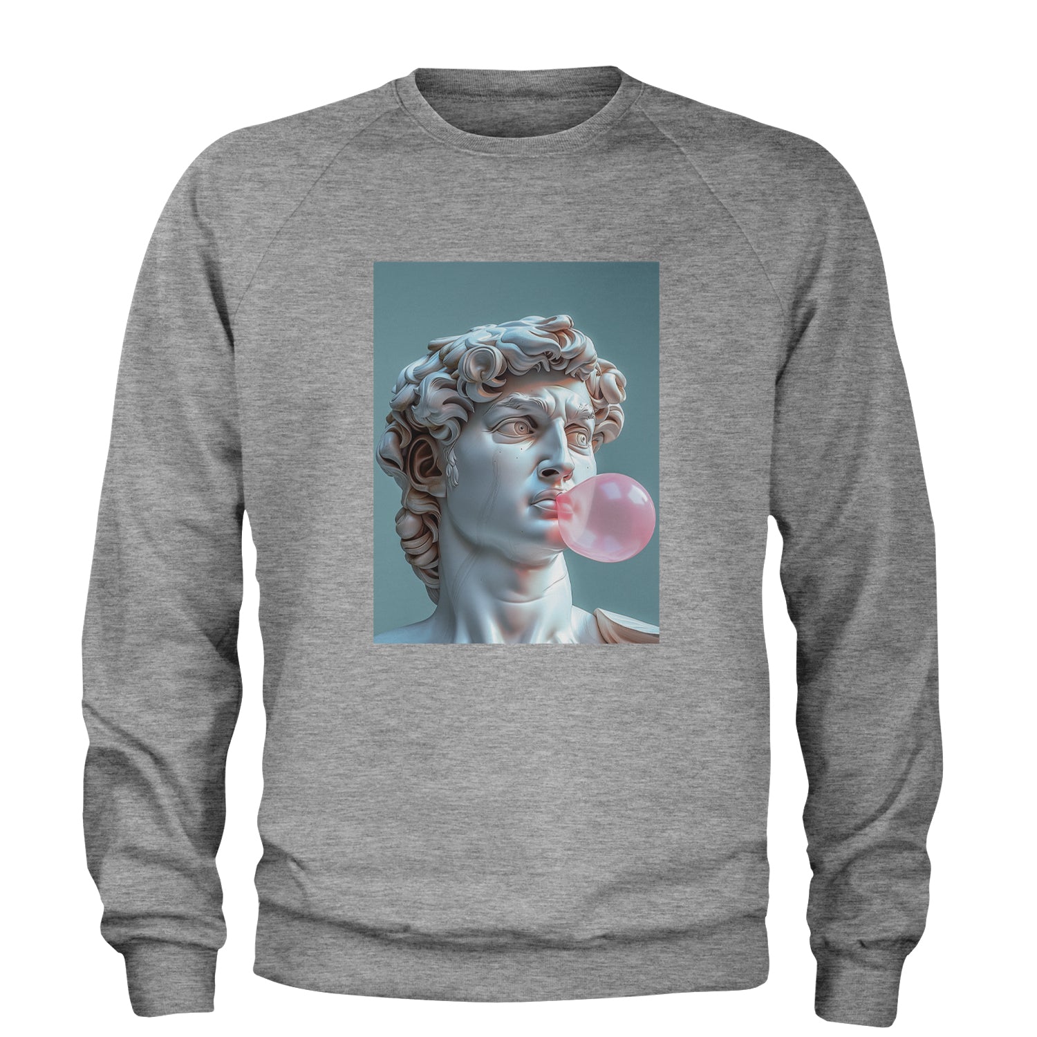 Michelangelo's David with Bubble Gum Contemporary Statue Art Adult Crewneck Sweatshirt Heather Grey