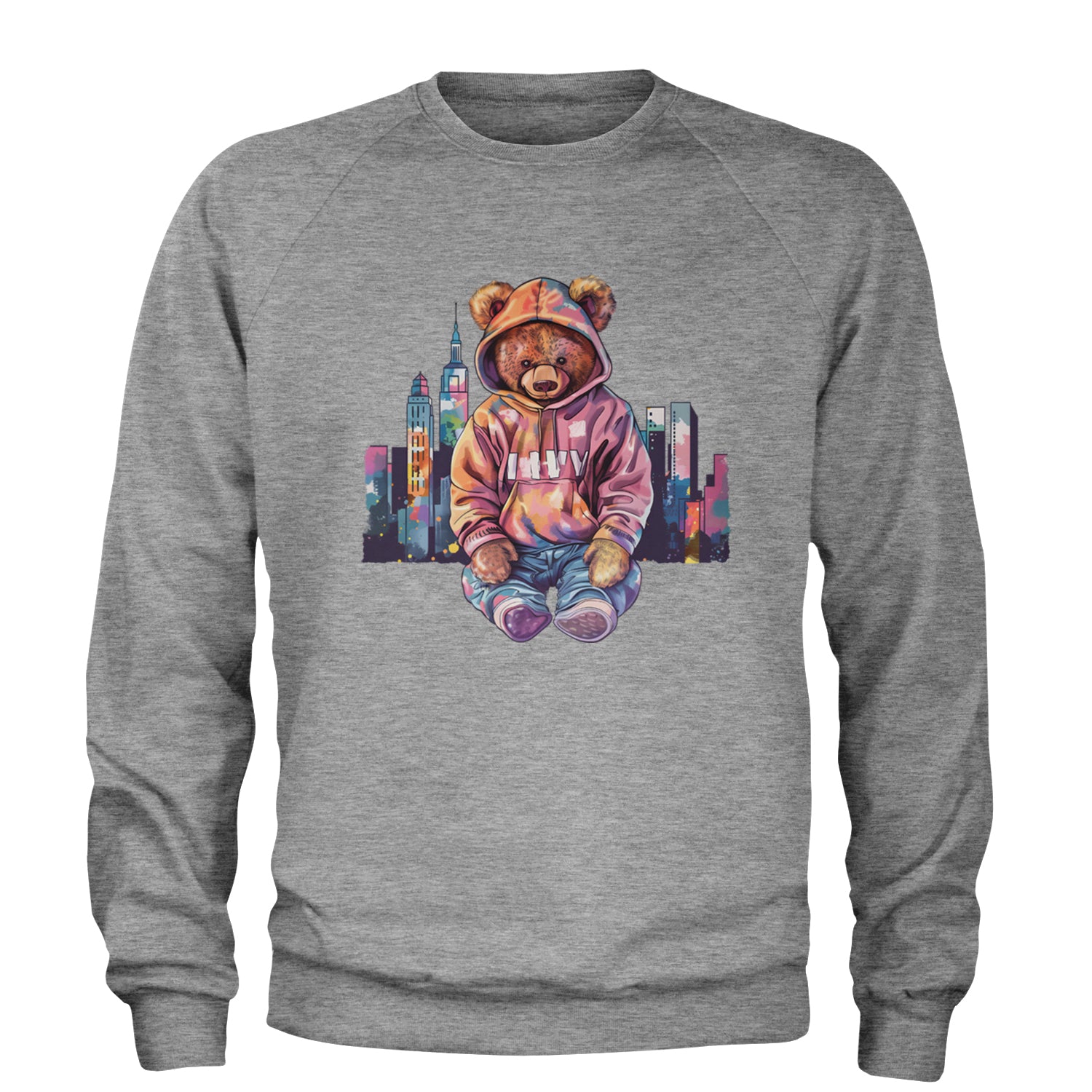 City Skyline Urban Graffiti Bear Adult Crewneck Sweatshirt Heather Grey