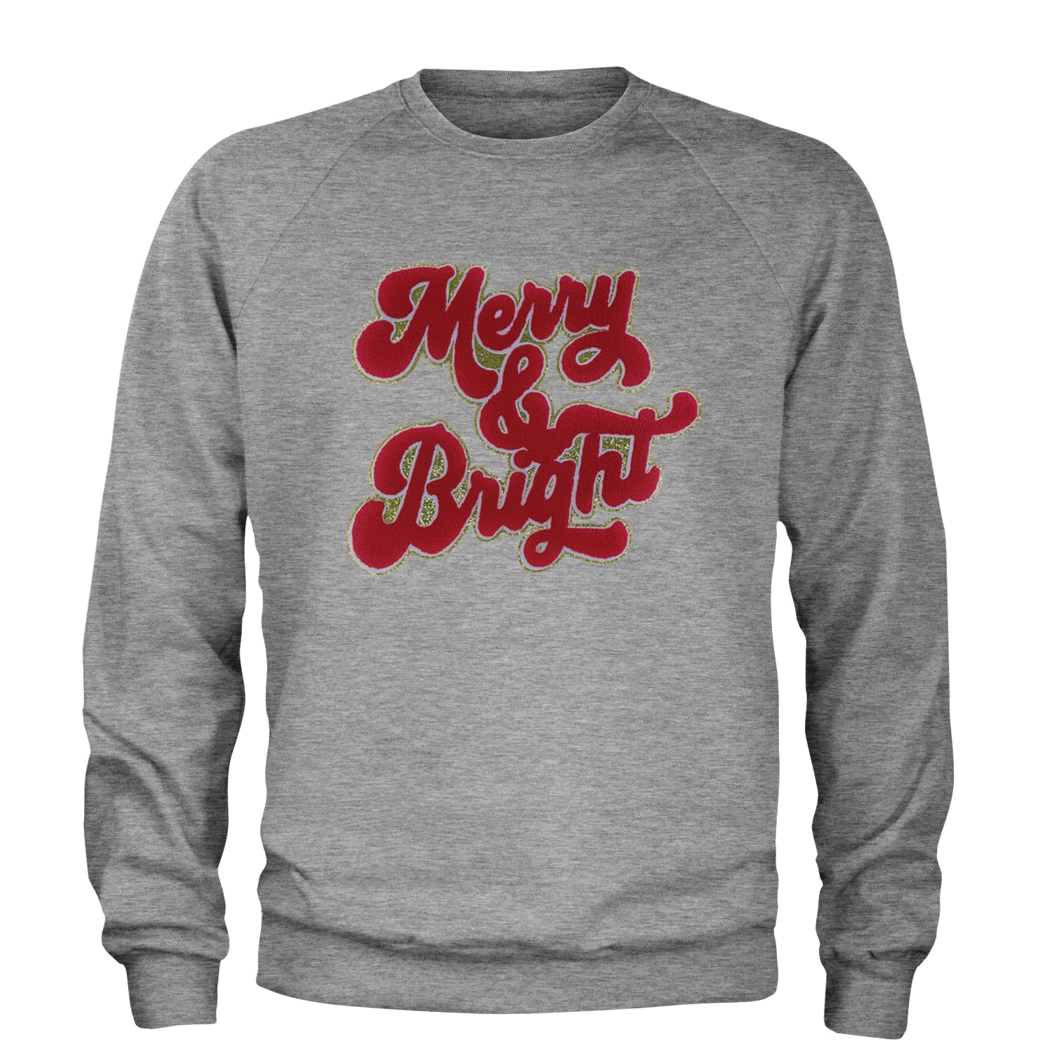 Merry & Bright Chenille Glitter Adult Crewneck Sweatshirt Heather Grey