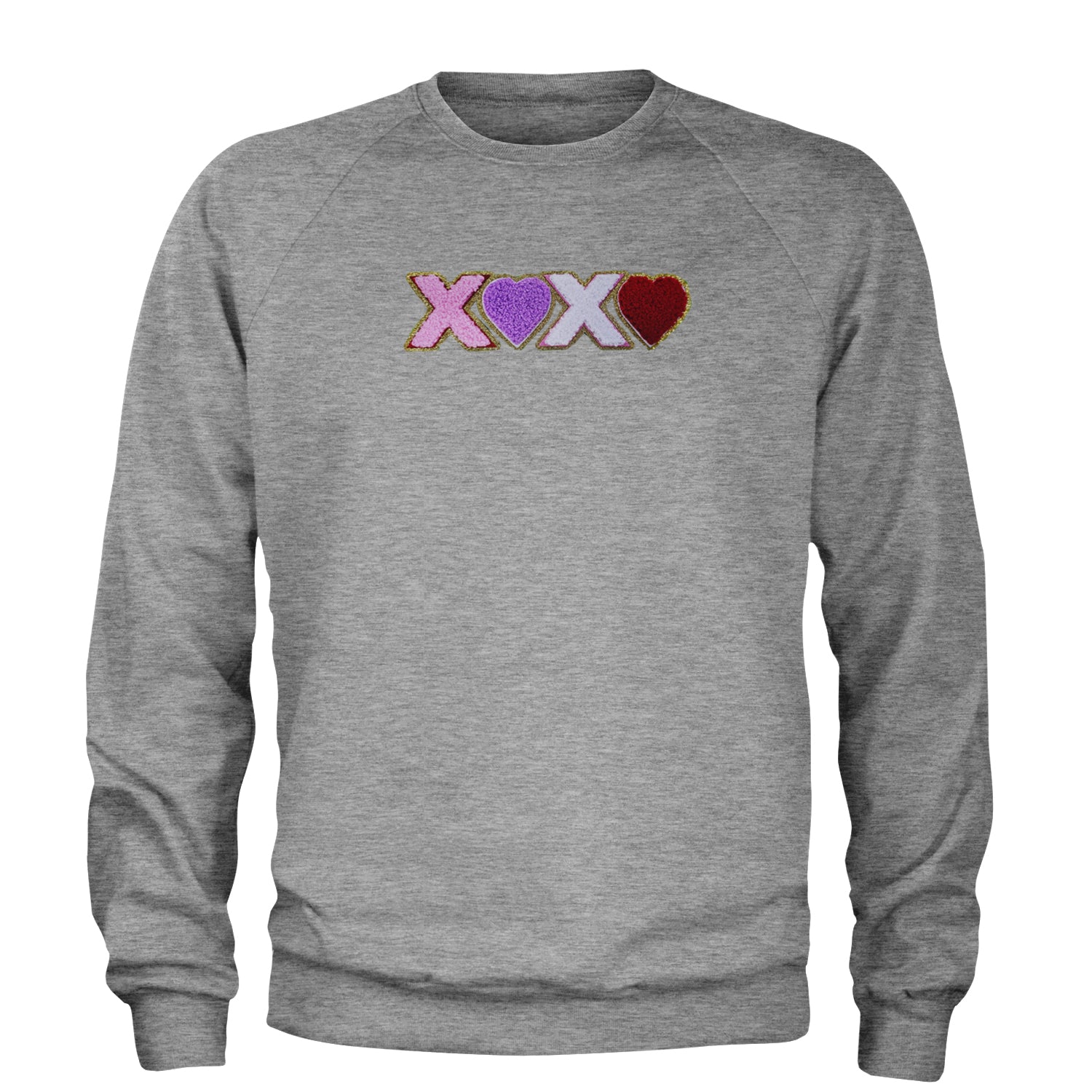 XOXO Chenille Patch Valentines Days Adult Crewneck Sweatshirt Heather Grey