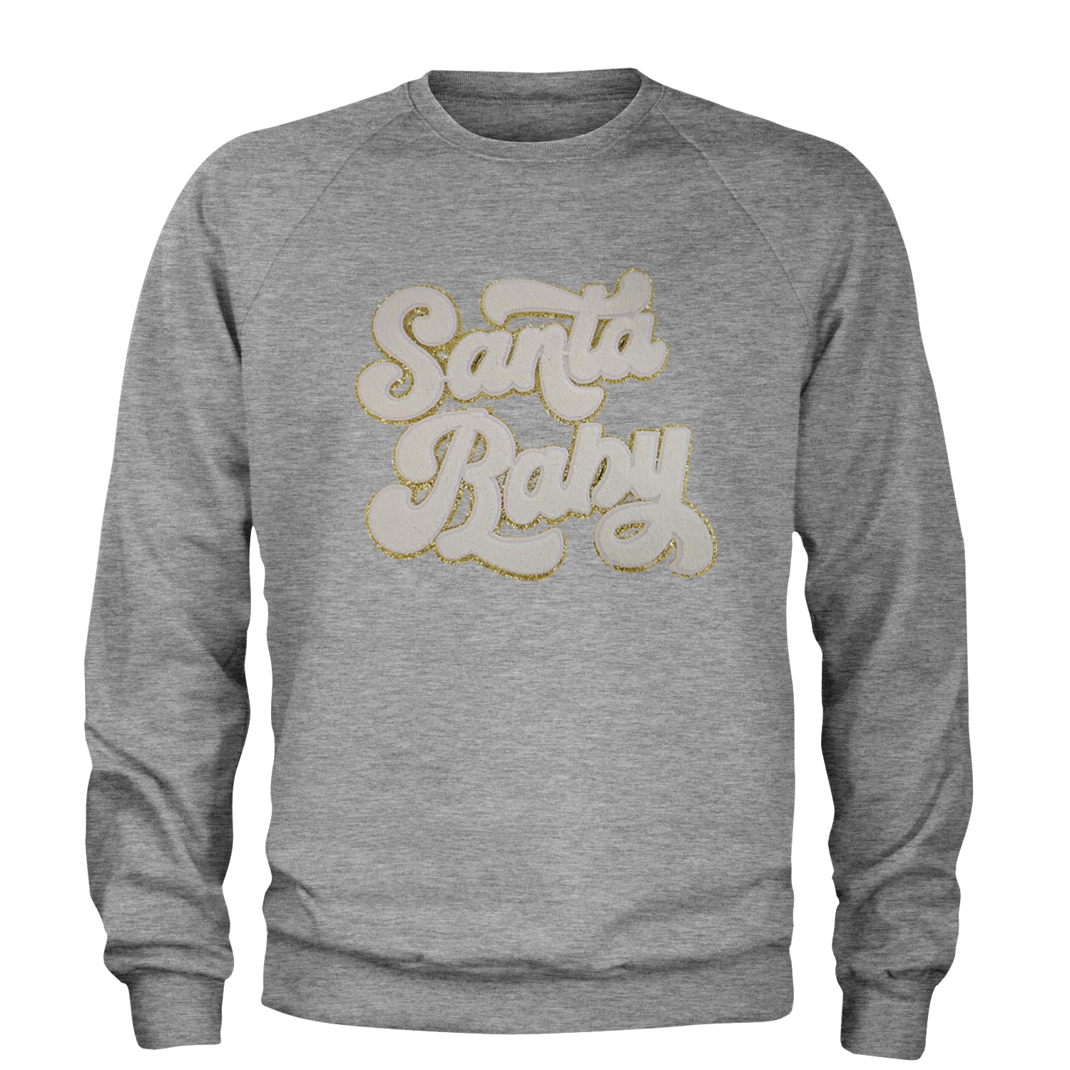 White Santa Baby Chenille Patch Adult Crewneck Sweatshirt Heather Grey