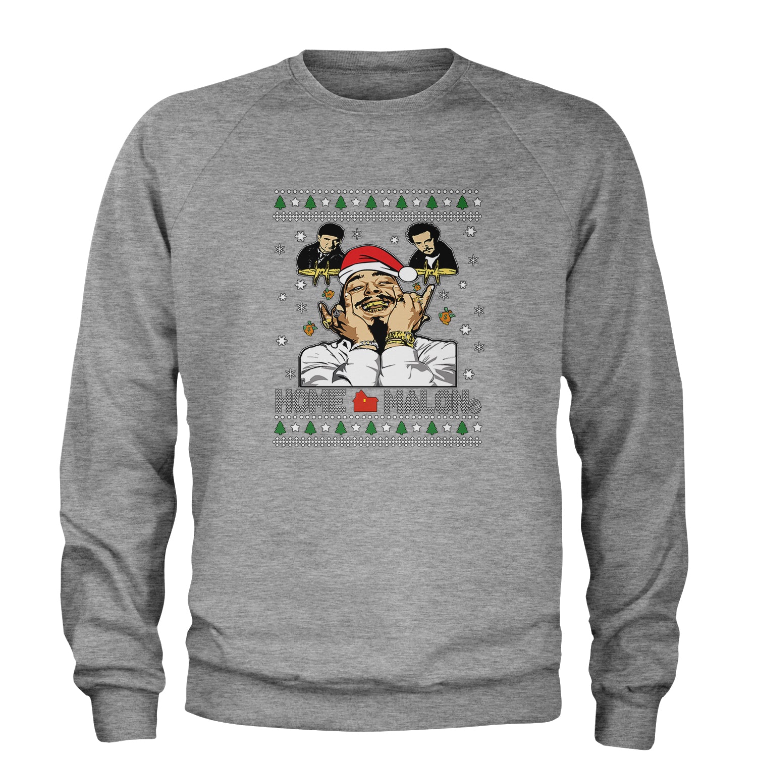 Home Malone Ugly Christmas Adult Crewneck Sweatshirt Heather Grey