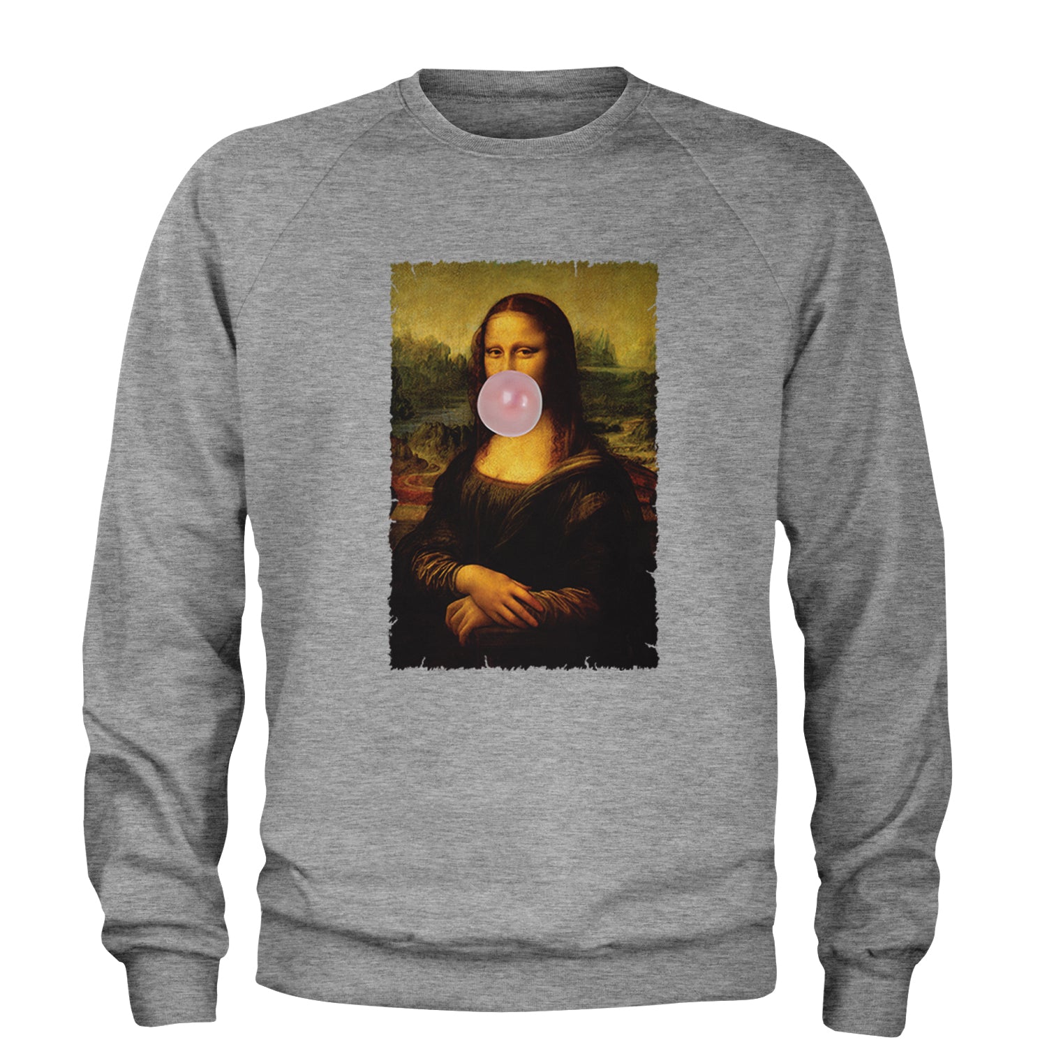 Mona Lisa Smile Pink Bubble Gum Da Vinci Icon Adult Crewneck Sweatshirt Heather Grey