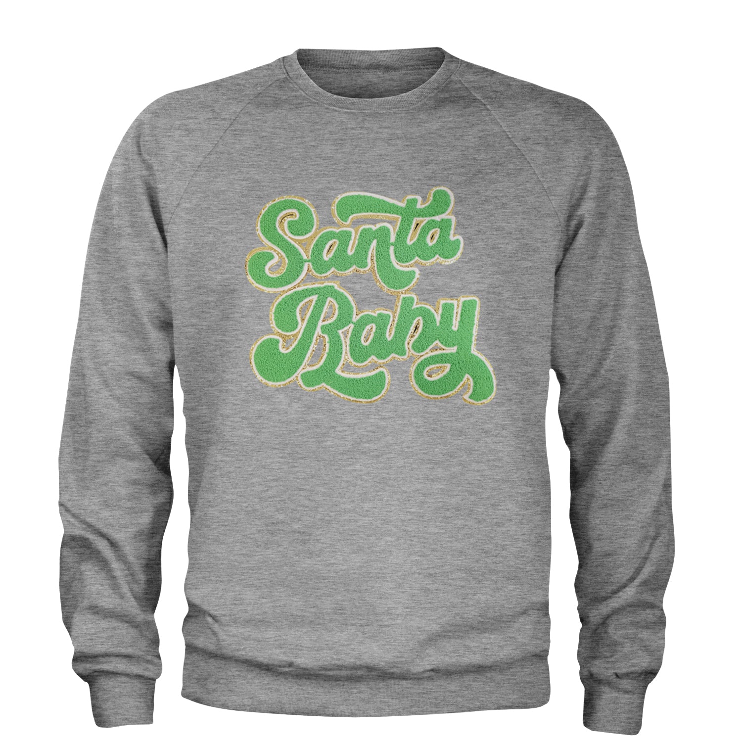 Green Santa Baby Chenille Patch Adult Crewneck Sweatshirt Heather Grey