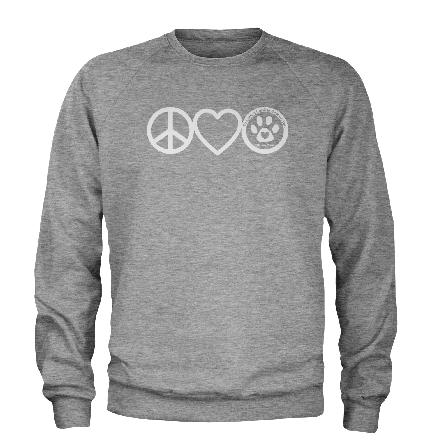 Peace, Love and TLC Dog Rescue Adult Crewneck Sweatshirt Heather Grey