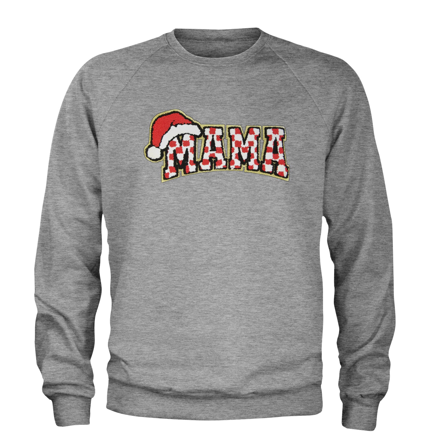 Mama Santa Hat Chenille Patch Adult Crewneck Sweatshirt Heather Grey