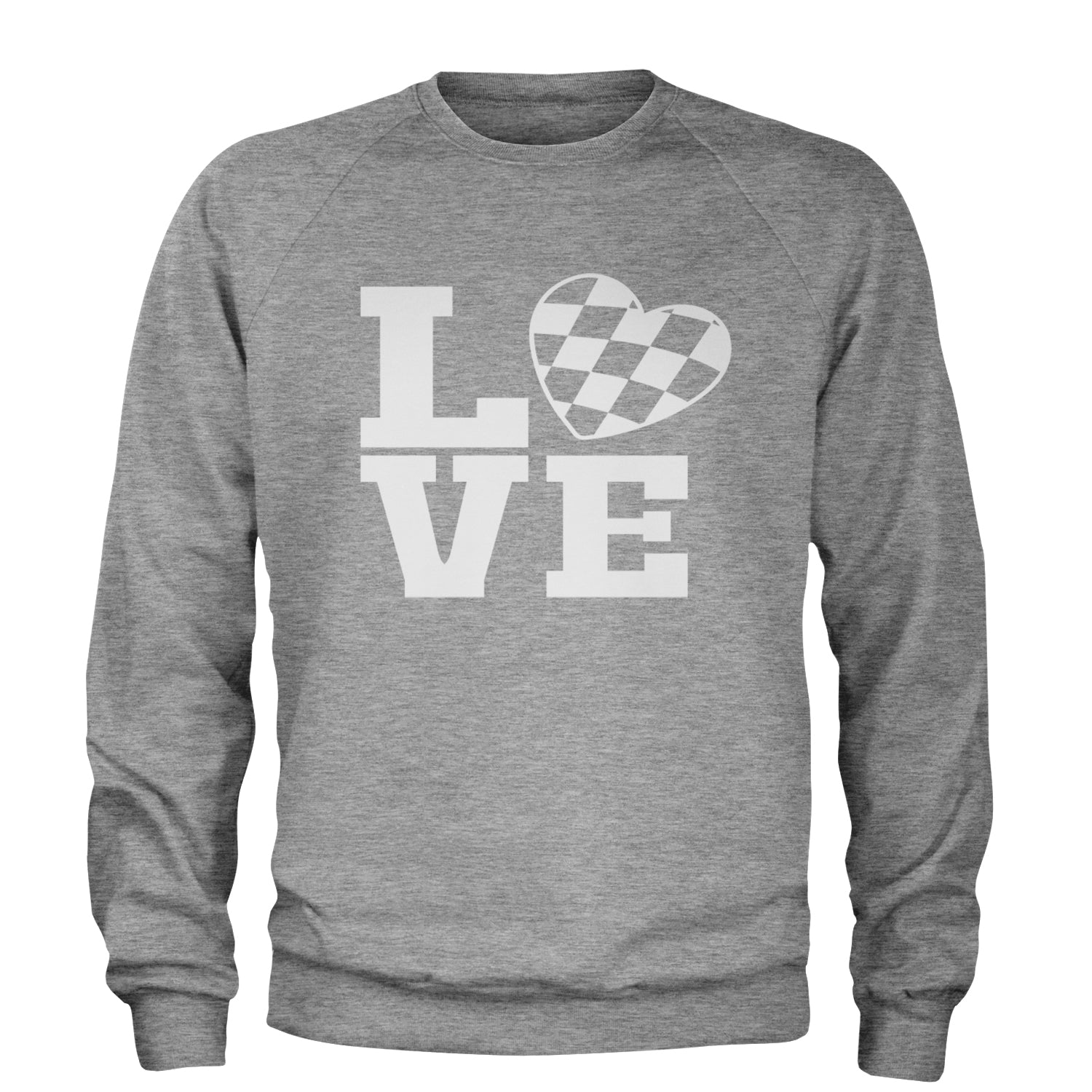 Love Racing Checkered Flag Heart Adult Crewneck Sweatshirt Heather Grey