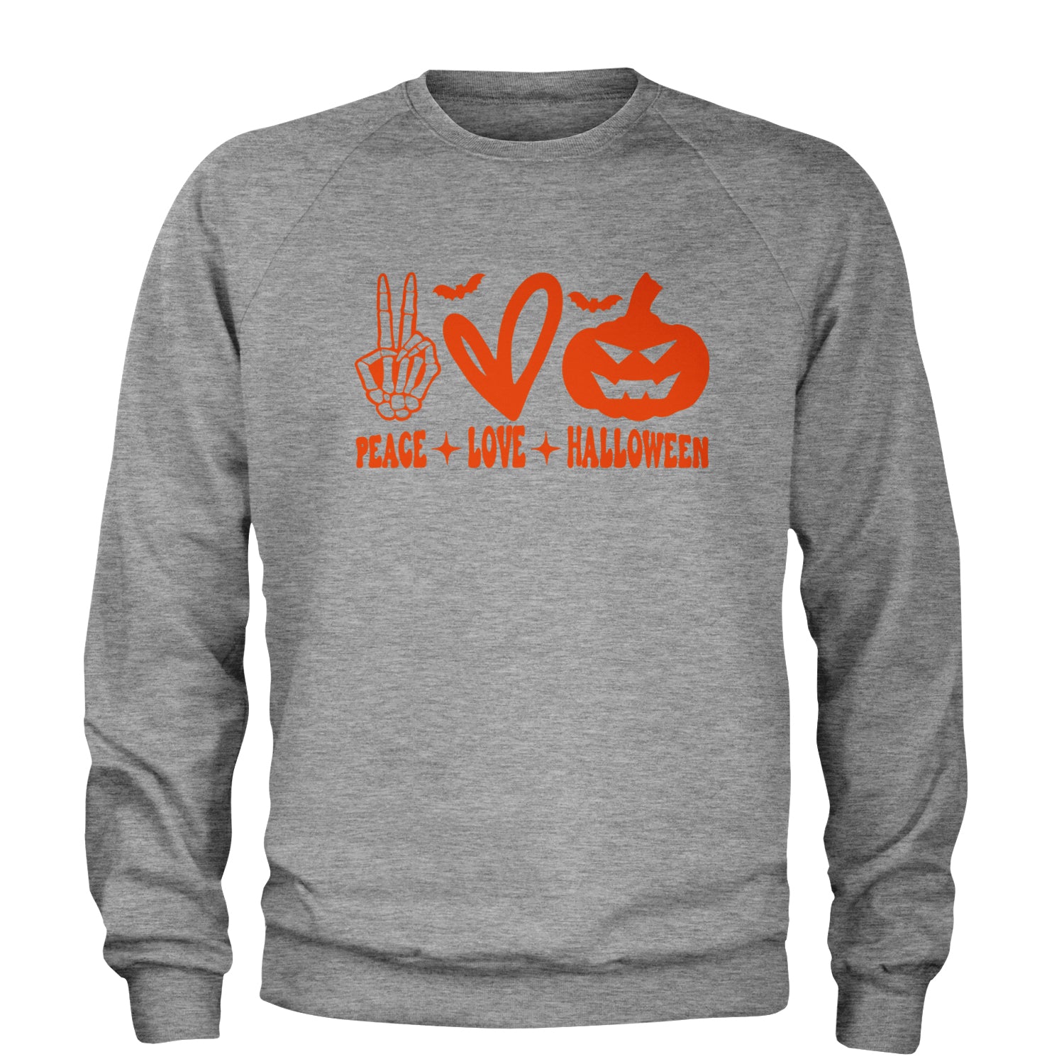 Peace, Love and Halloween Adult Crewneck Sweatshirt Heather Grey