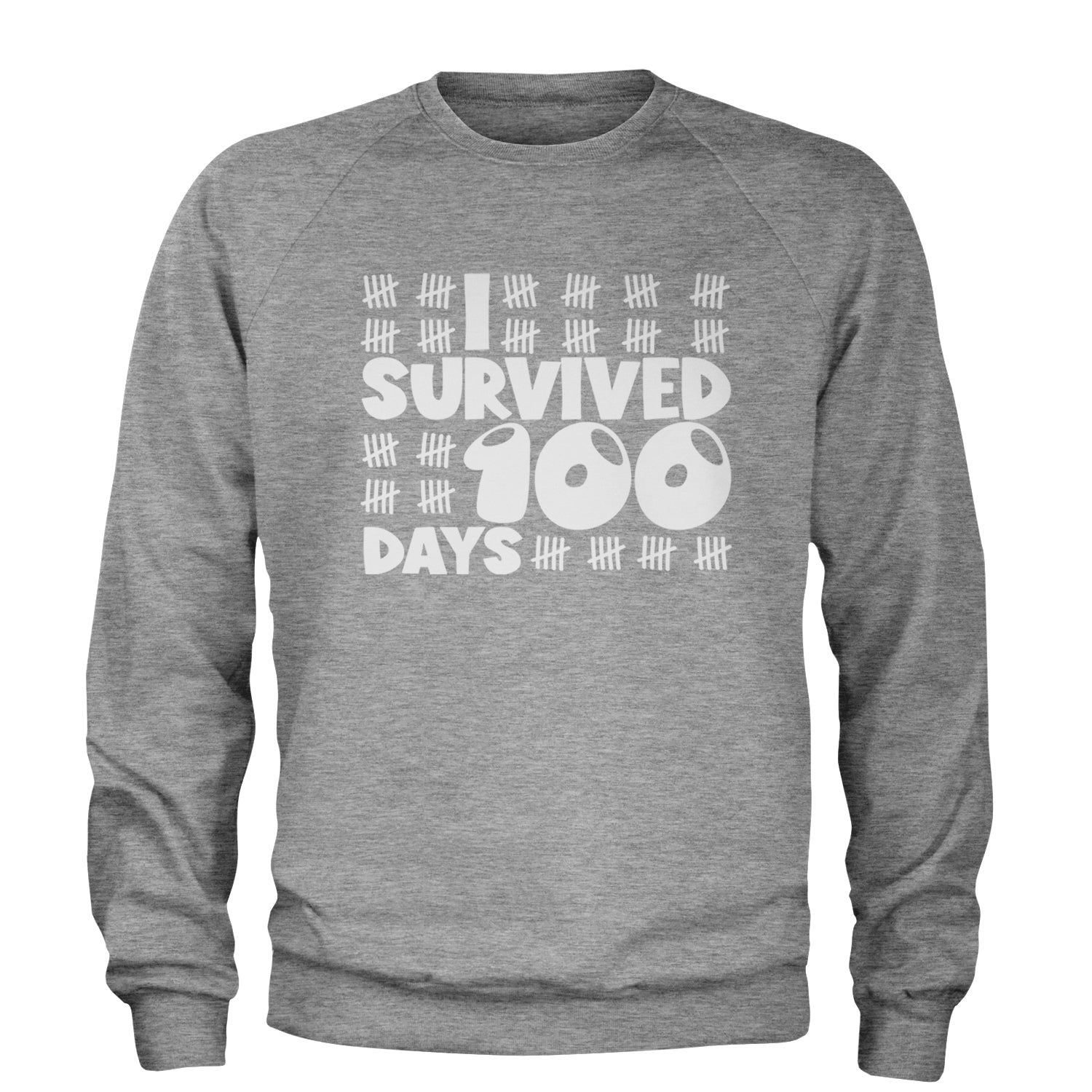 I Survived 100 Days Tally Marks Adult Crewneck Sweatshirt Heather Grey