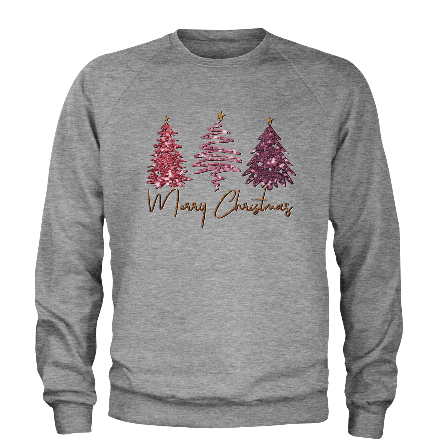 Merry Christmas Faux Glitter Trees Adult Crewneck Sweatshirt Heather Grey