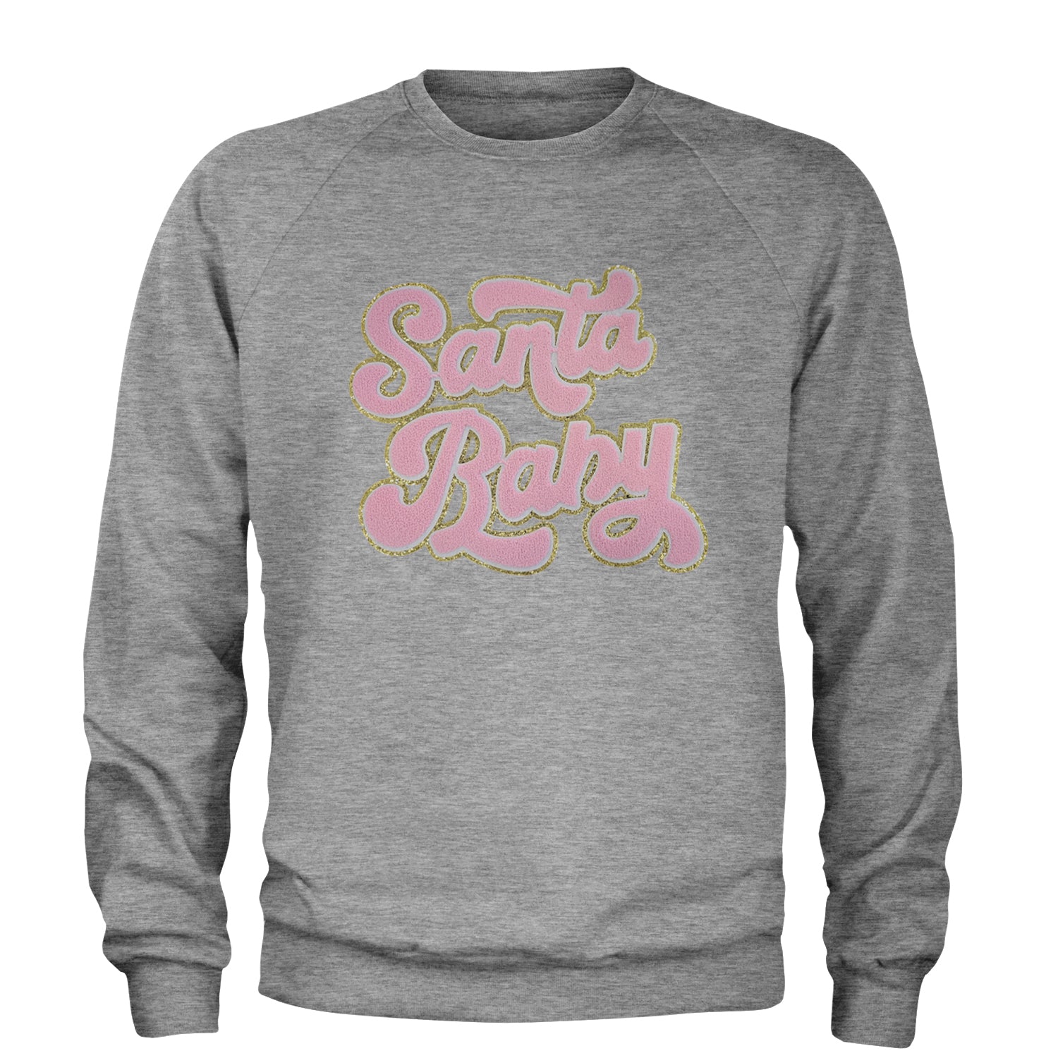 Pink Santa Baby Chenille Patch Adult Crewneck Sweatshirt Heather Grey