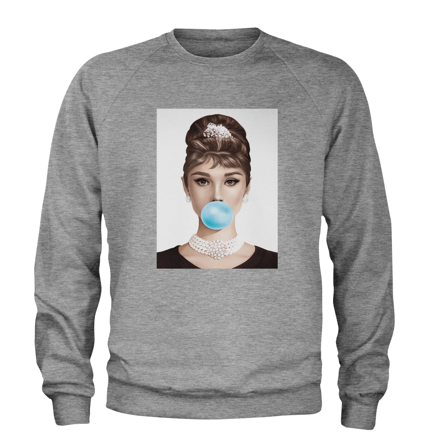 Audrey Hepburn Chewing Bubble Gum American Icon Adult Crewneck Sweatshirt Heather Grey