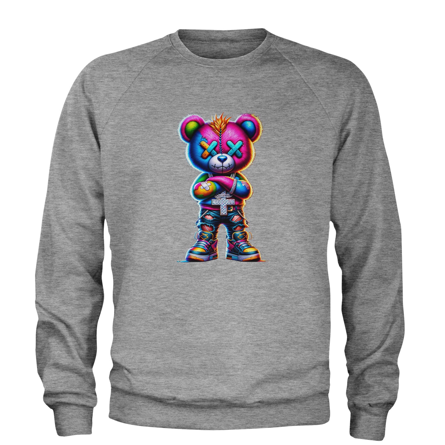 Stitched Neon Urban Graffiti Bear Adult Crewneck Sweatshirt Heather Grey