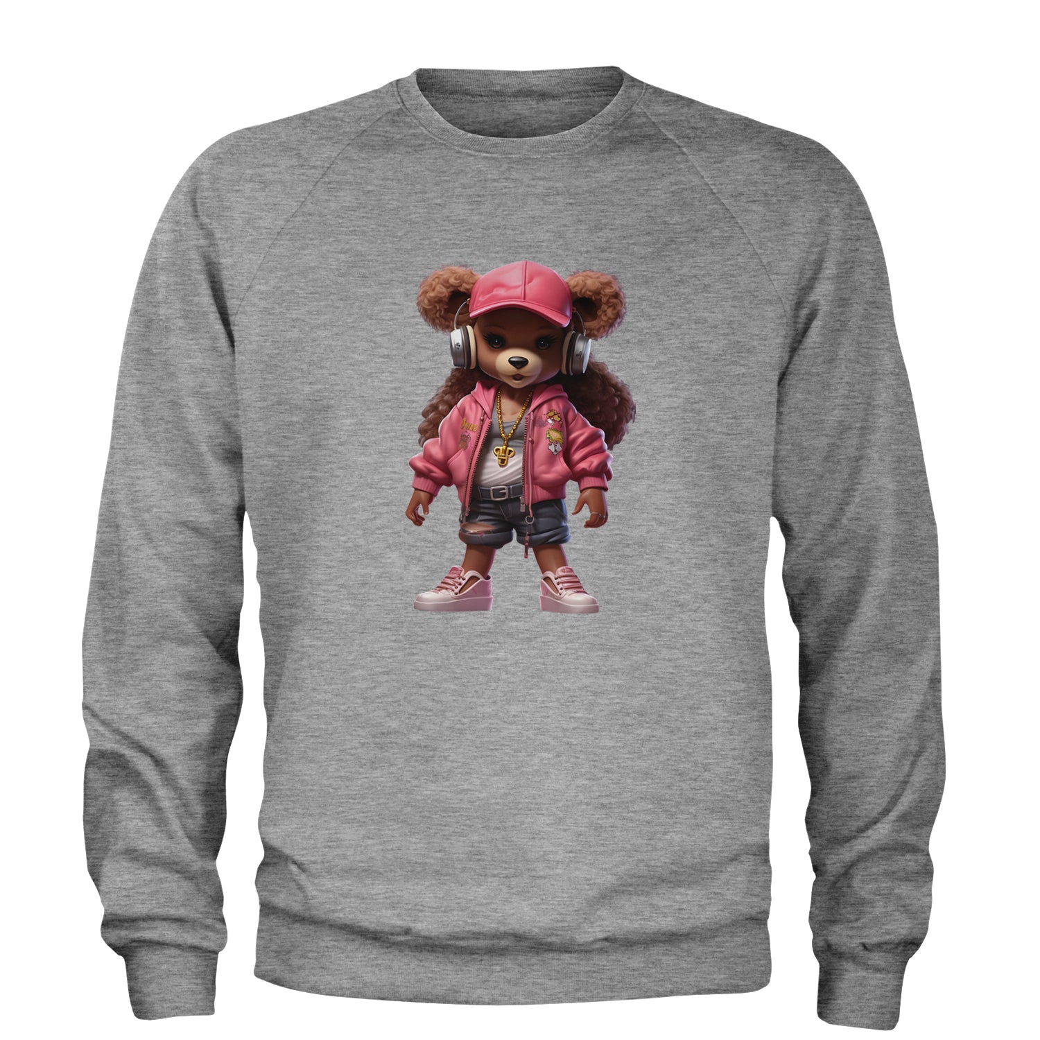 Pink Female Urban Graffiti Bear Adult Crewneck Sweatshirt Heather Grey