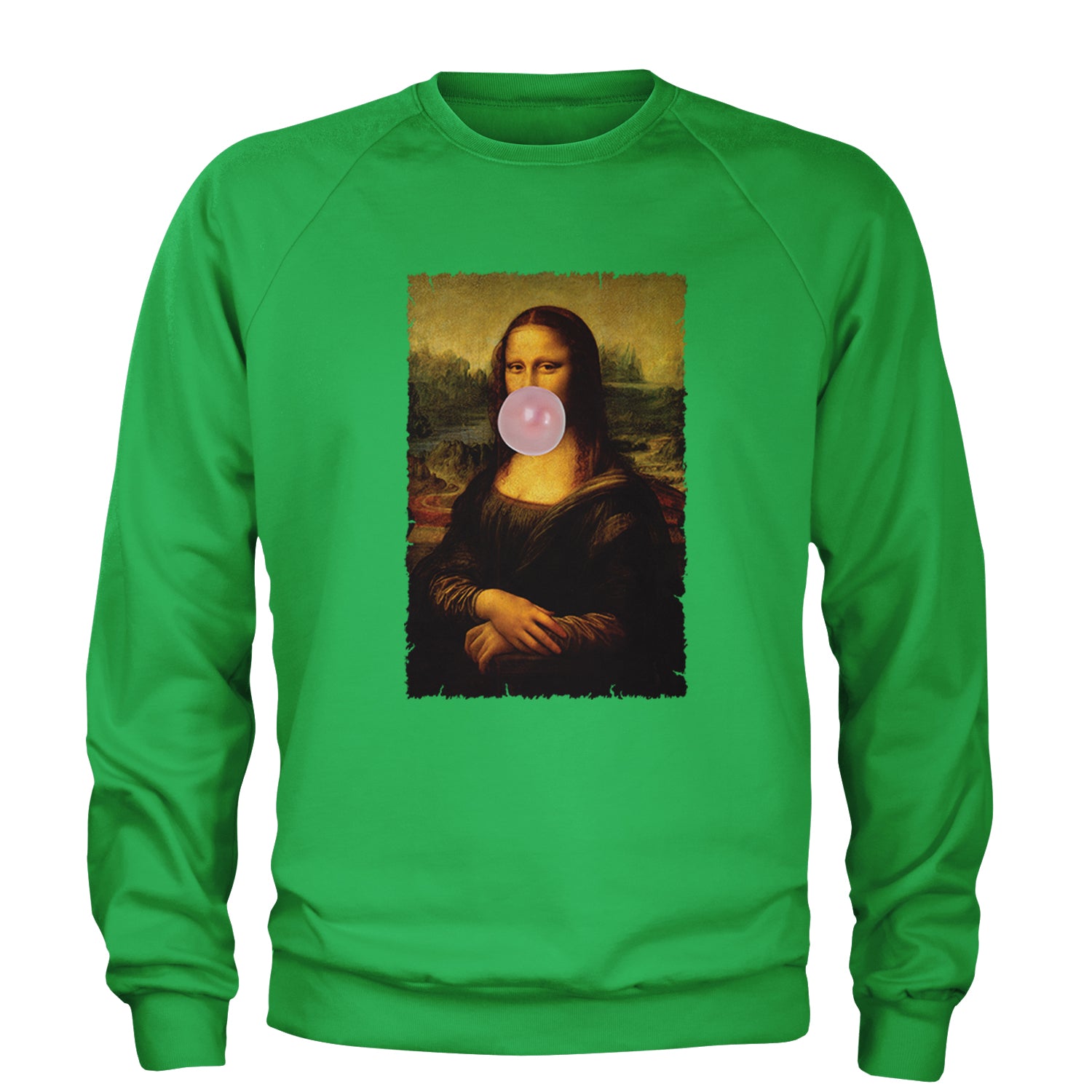 Mona Lisa Smile Pink Bubble Gum Da Vinci Icon Adult Crewneck Sweatshirt Kelly Green