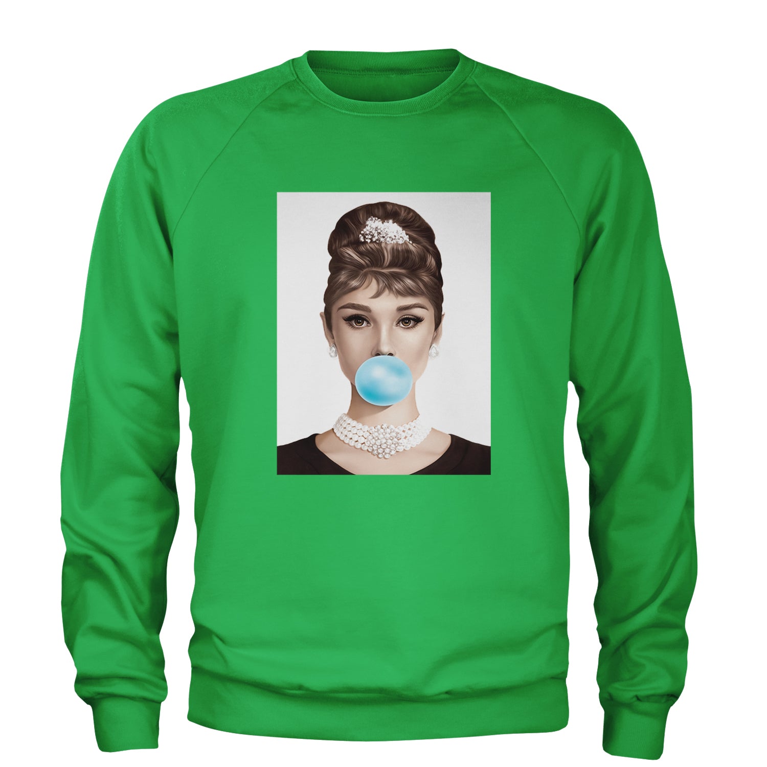 Audrey Hepburn Chewing Bubble Gum American Icon Adult Crewneck Sweatshirt Kelly Green