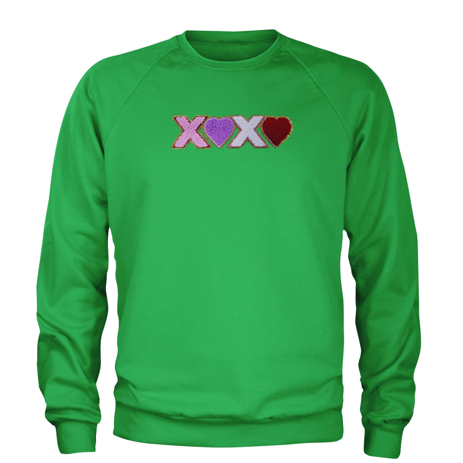 XOXO Chenille Patch Valentines Days Adult Crewneck Sweatshirt Kelly Green