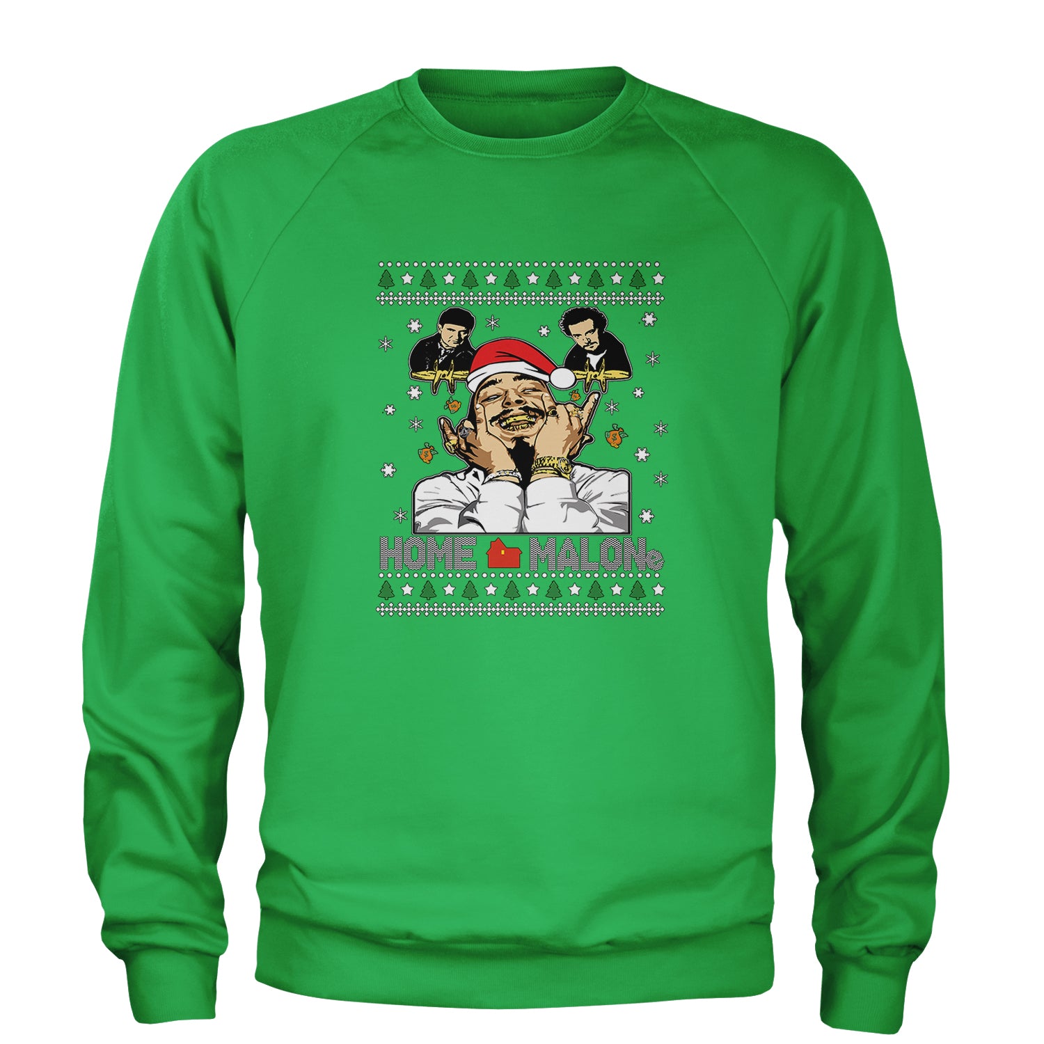 Home Malone Ugly Christmas Adult Crewneck Sweatshirt Kelly Green