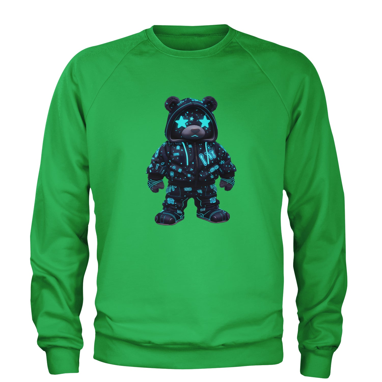 Starry Eyed Vaporwave Urban Graffiti Bear Adult Crewneck Sweatshirt Kelly Green