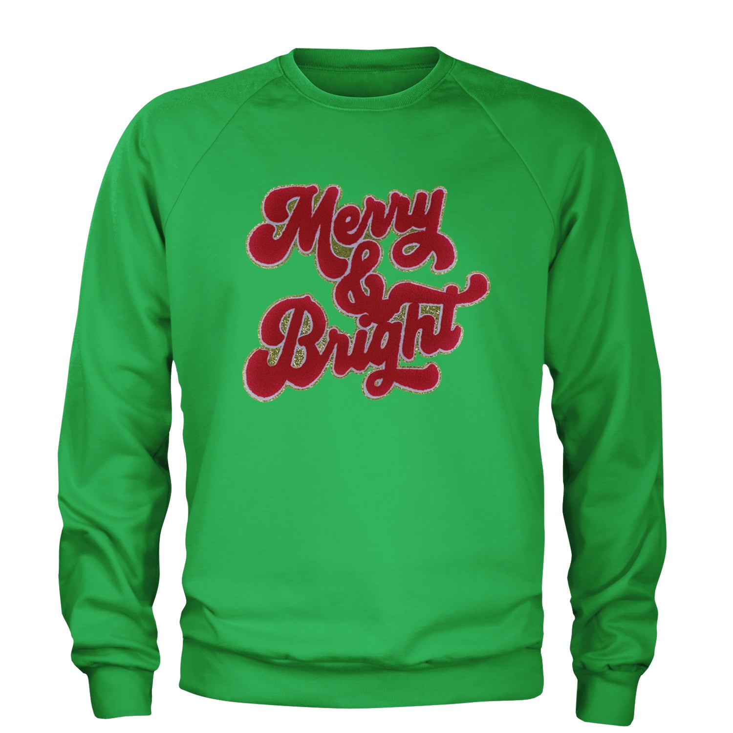 Merry & Bright Chenille Glitter Adult Crewneck Sweatshirt Kelly Green