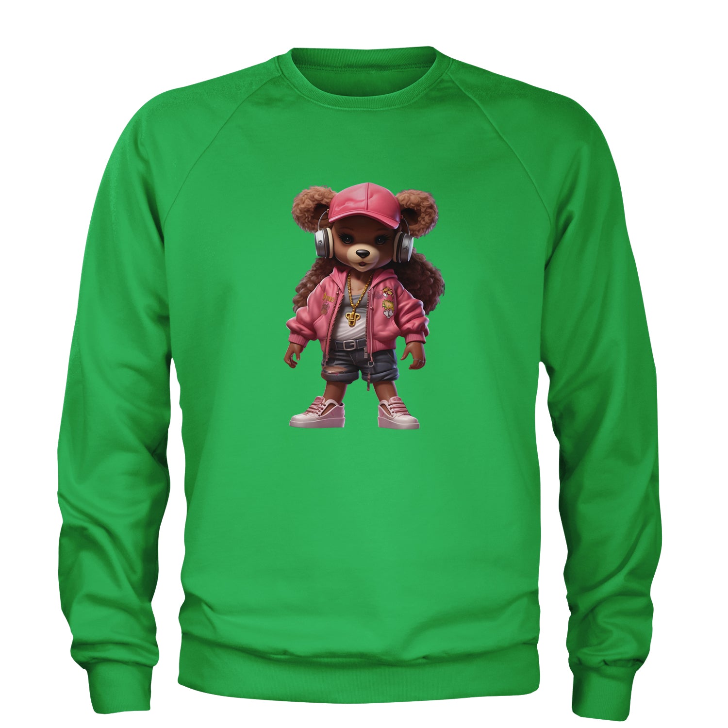 Pink Female Urban Graffiti Bear Adult Crewneck Sweatshirt Kelly Green