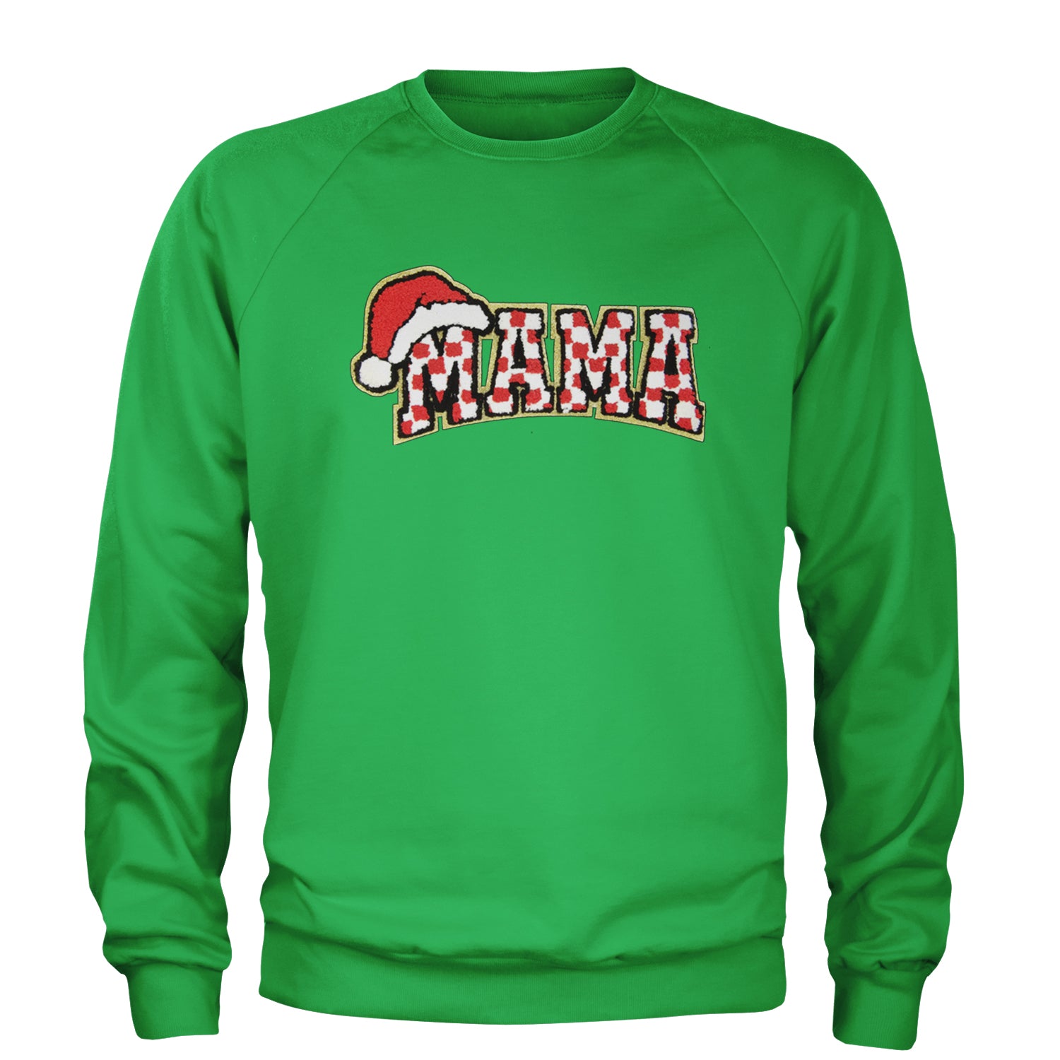 Mama Santa Hat Chenille Patch Adult Crewneck Sweatshirt Kelly Green