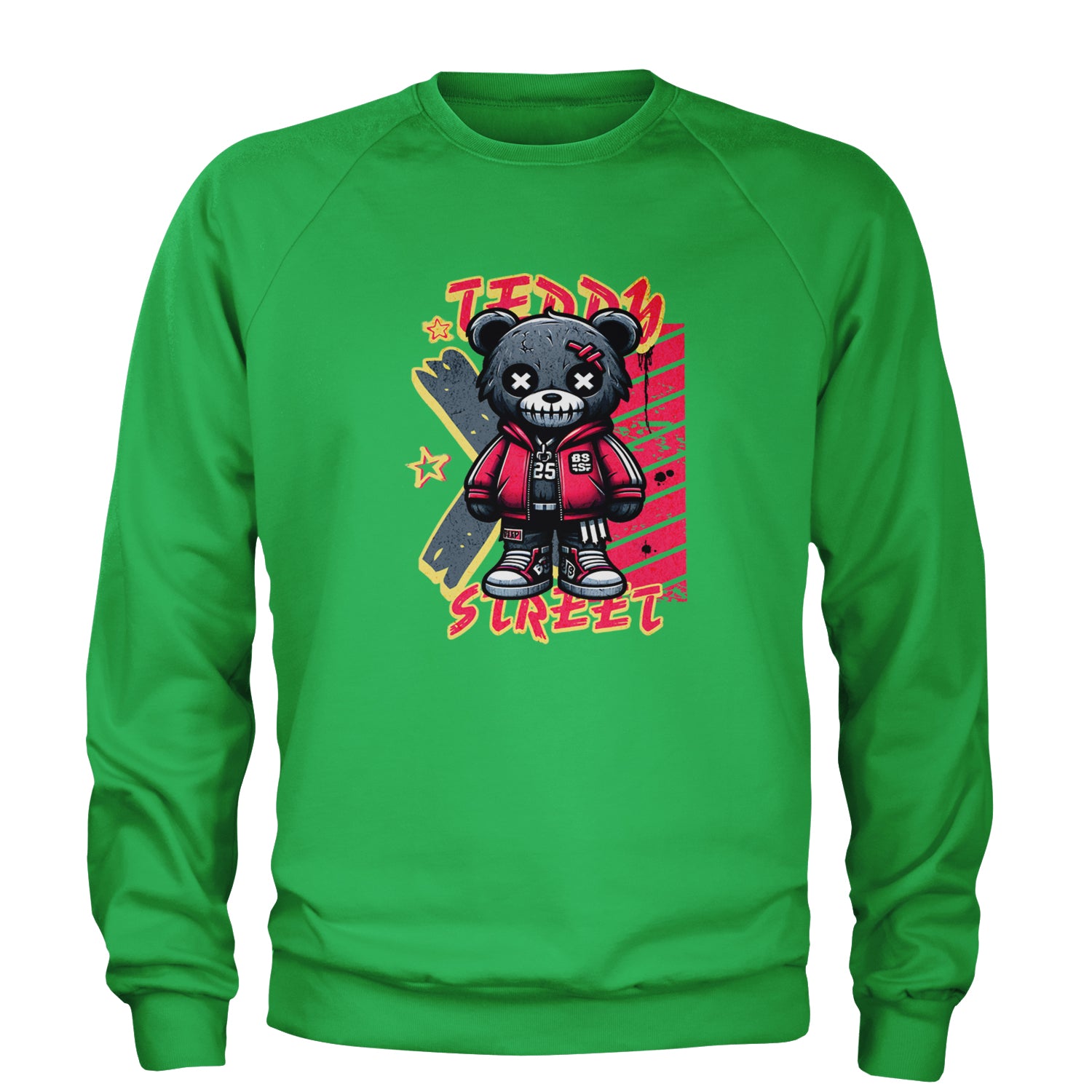 Teddy Attitude Urban Graffiti Bear Adult Crewneck Sweatshirt Kelly Green