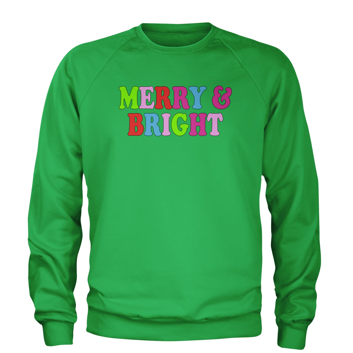 Merry and Bright Festive Christmas Holiday Adult Crewneck Sweatshirt Kelly Green