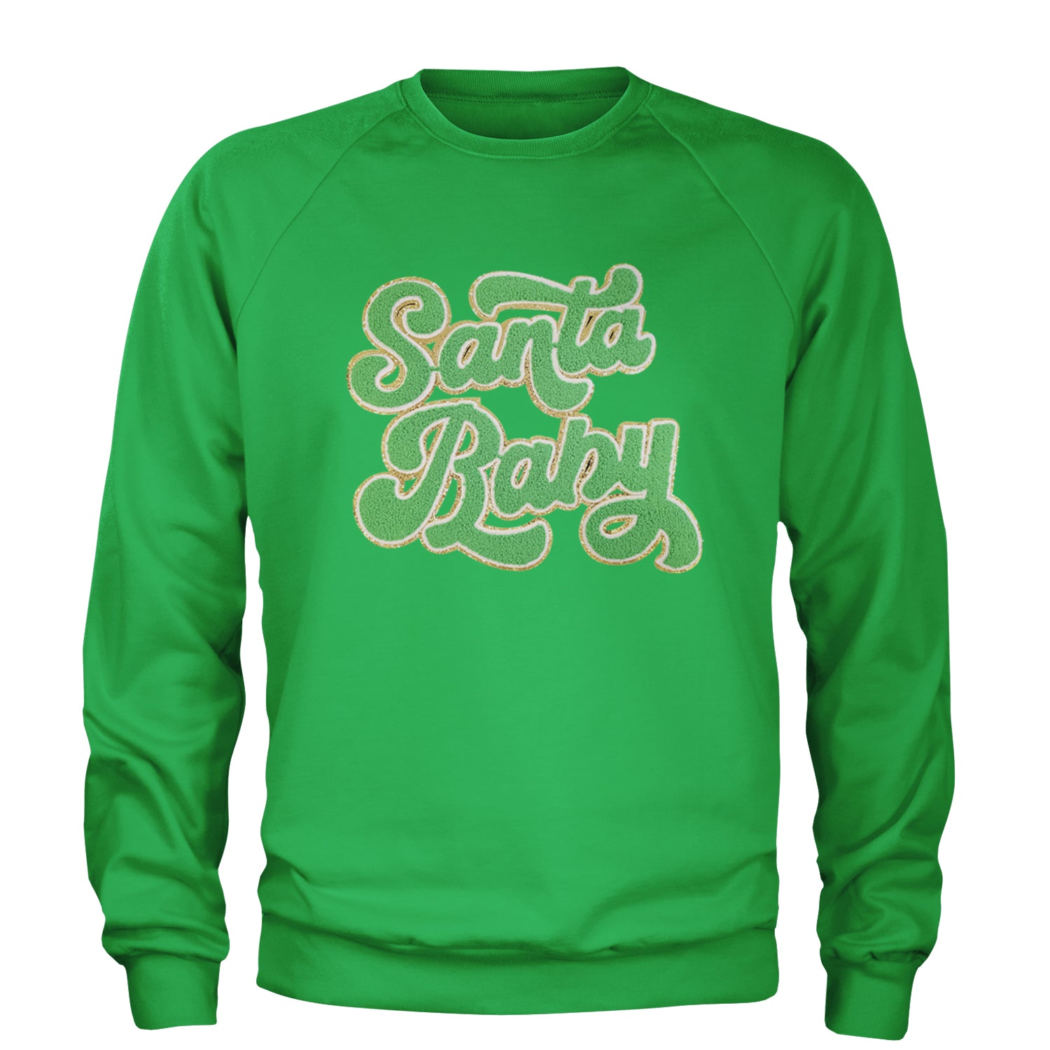 Green Santa Baby Chenille Patch Adult Crewneck Sweatshirt Kelly Green