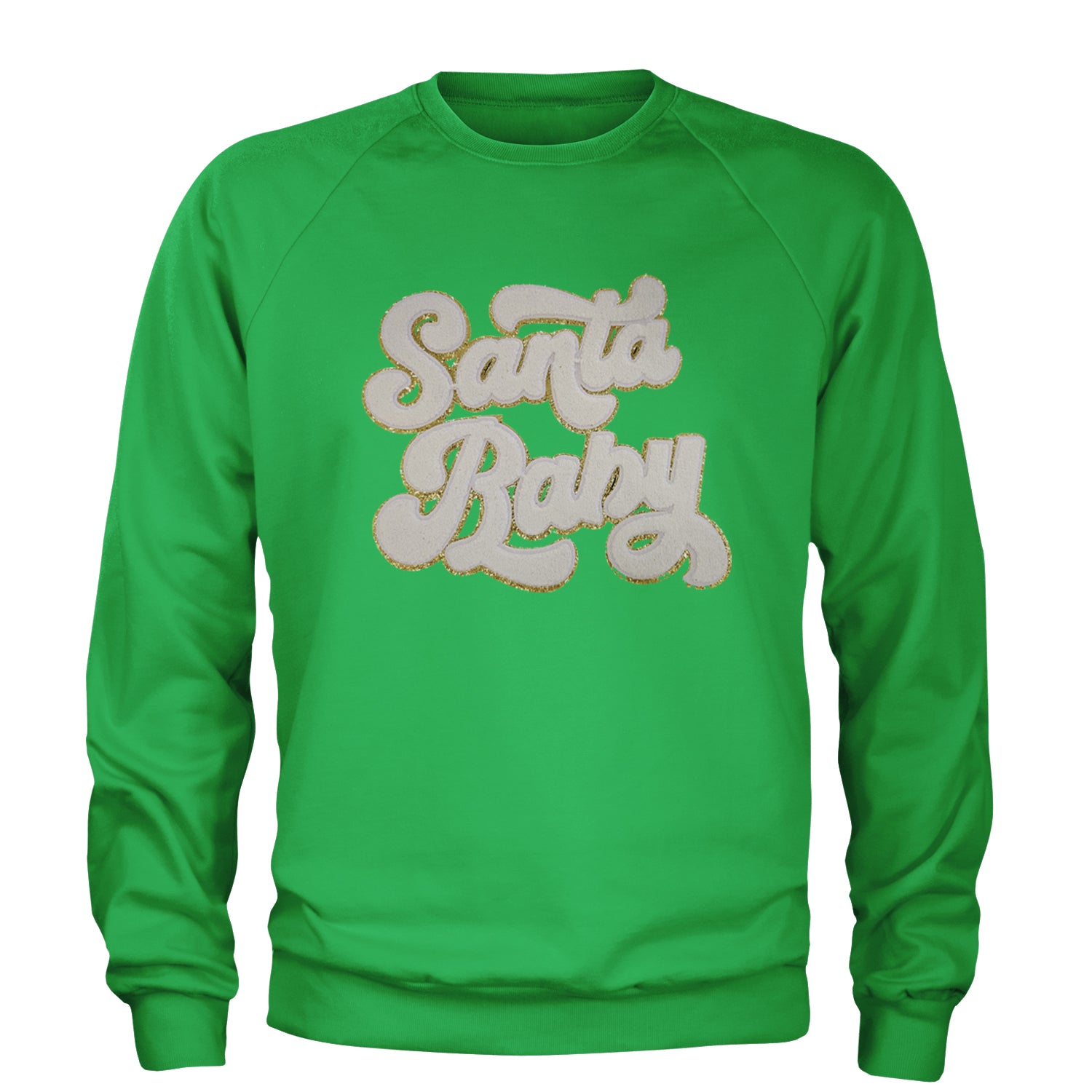 White Santa Baby Chenille Patch Adult Crewneck Sweatshirt Kelly Green